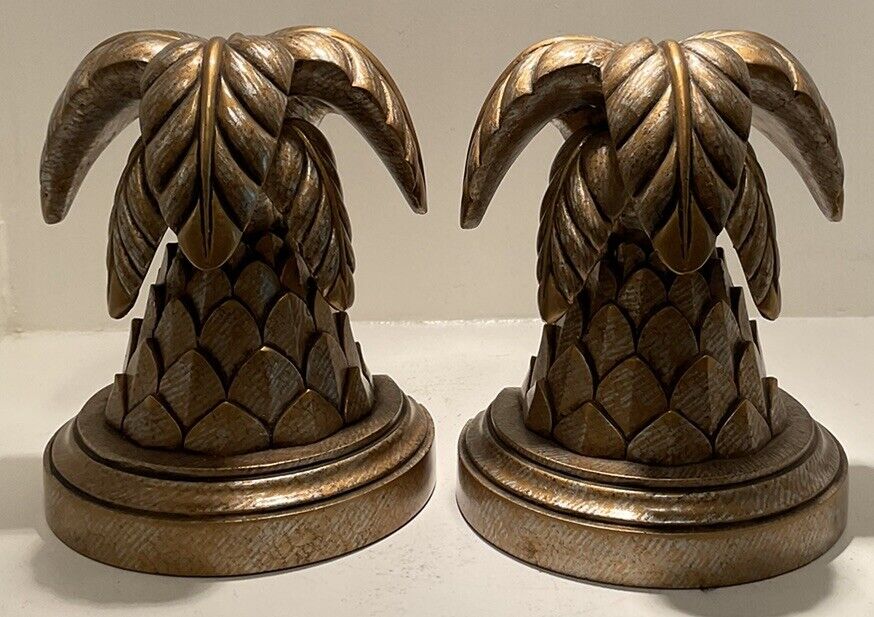 Pineapple Leaves Palmetto Palm Tree Cast Resin Bookends Gold Toned Pair Of 2