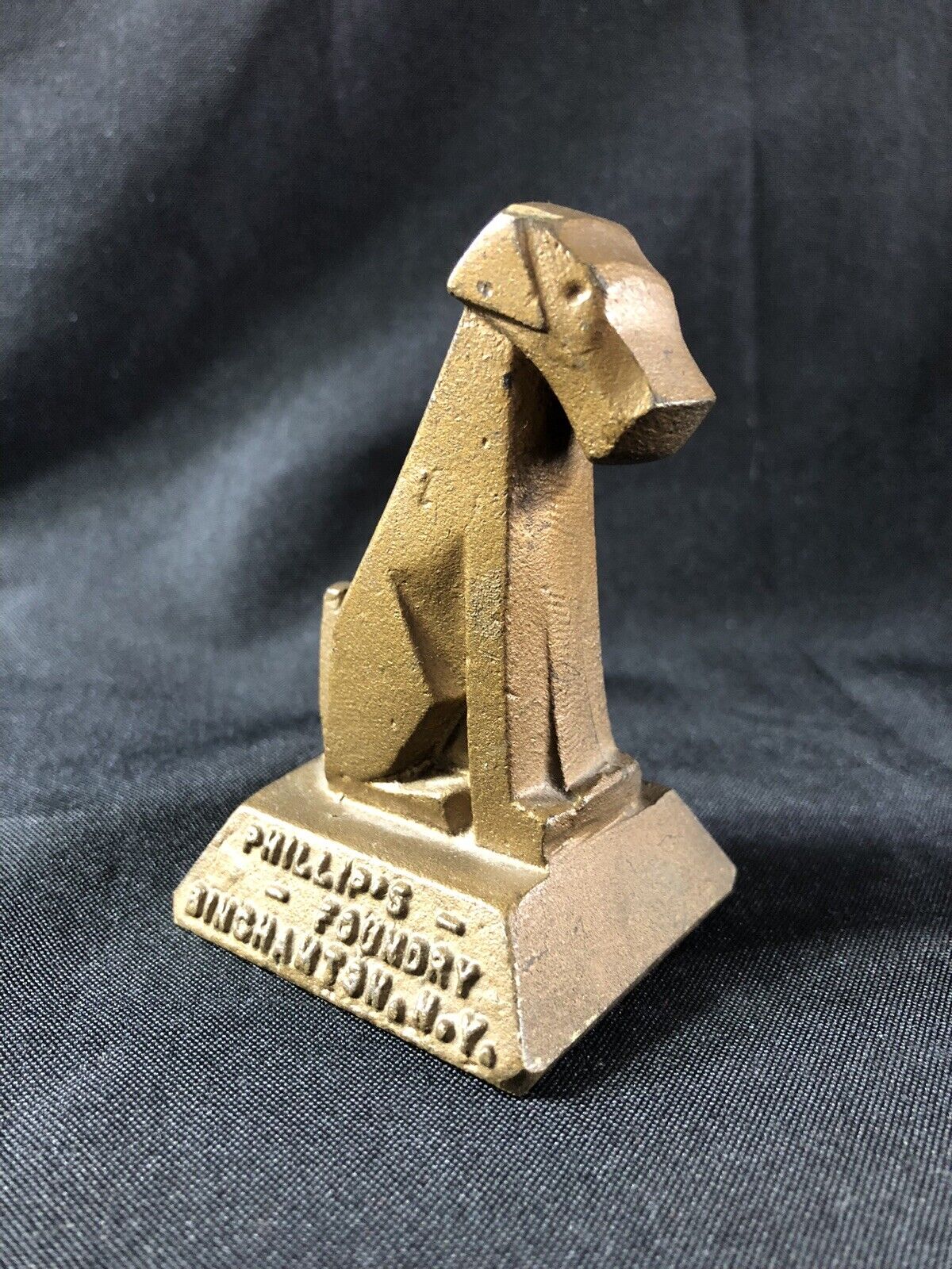 Antique PHILLIPS Foundry Dog Paperweight ADVERTISEMENT BINGHAMPTON,  NY Terrier