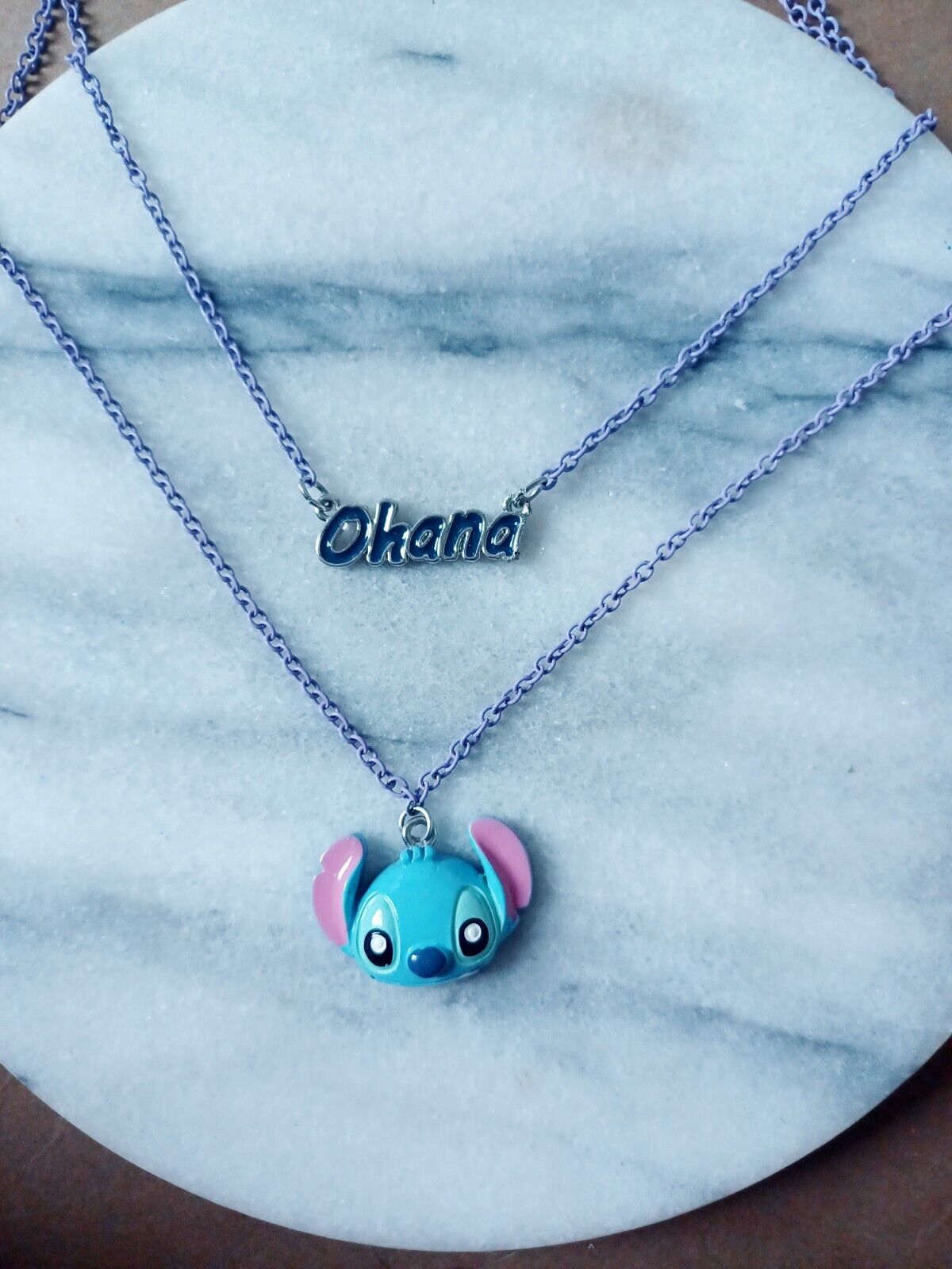 Disney Stitch Necklace Set 2 Pieces Stitch & Ohana Purple Chain