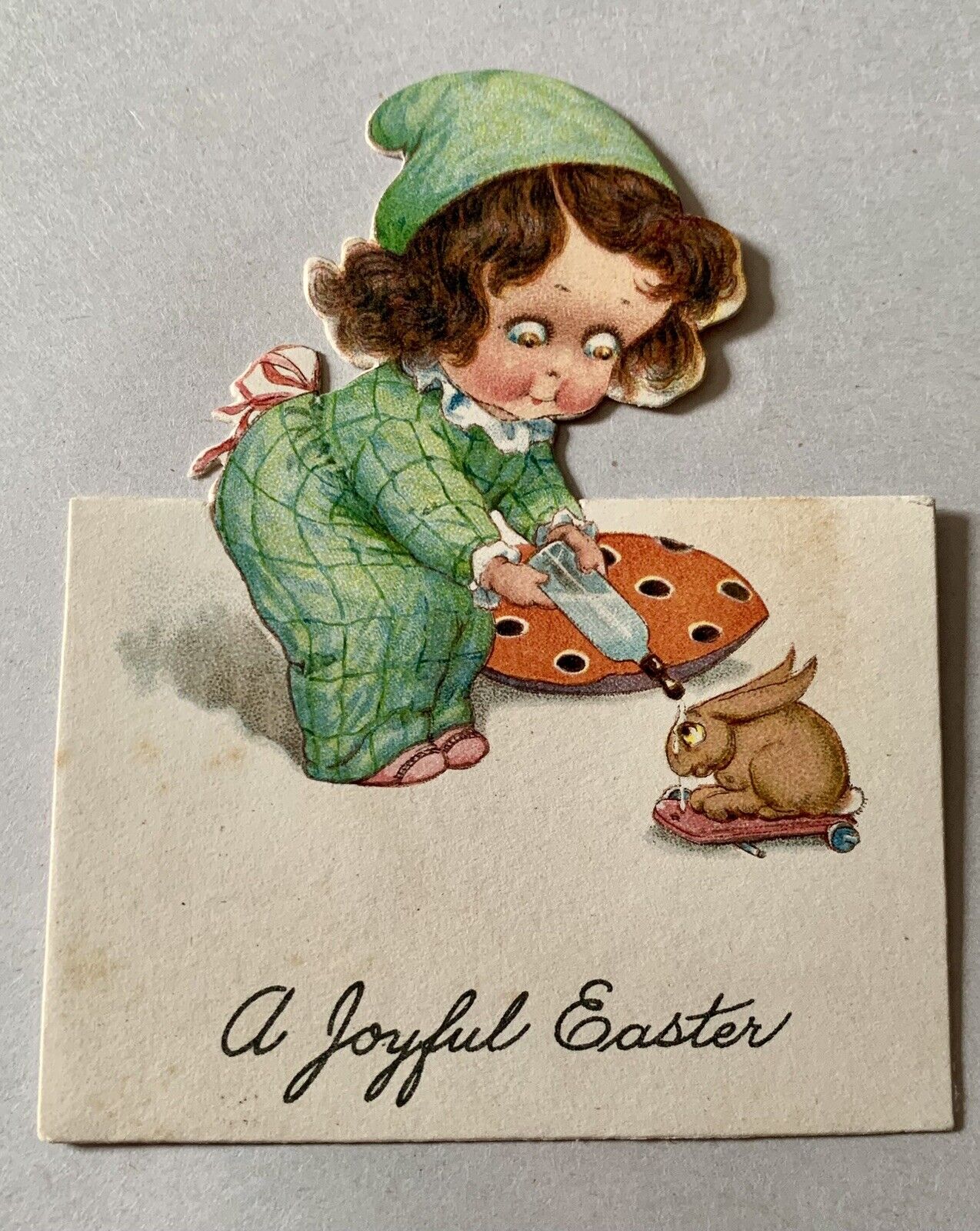 Vintage Die Cut Easter Card - Samuel Schmucker - Girl Feeds Rabbit - Germany