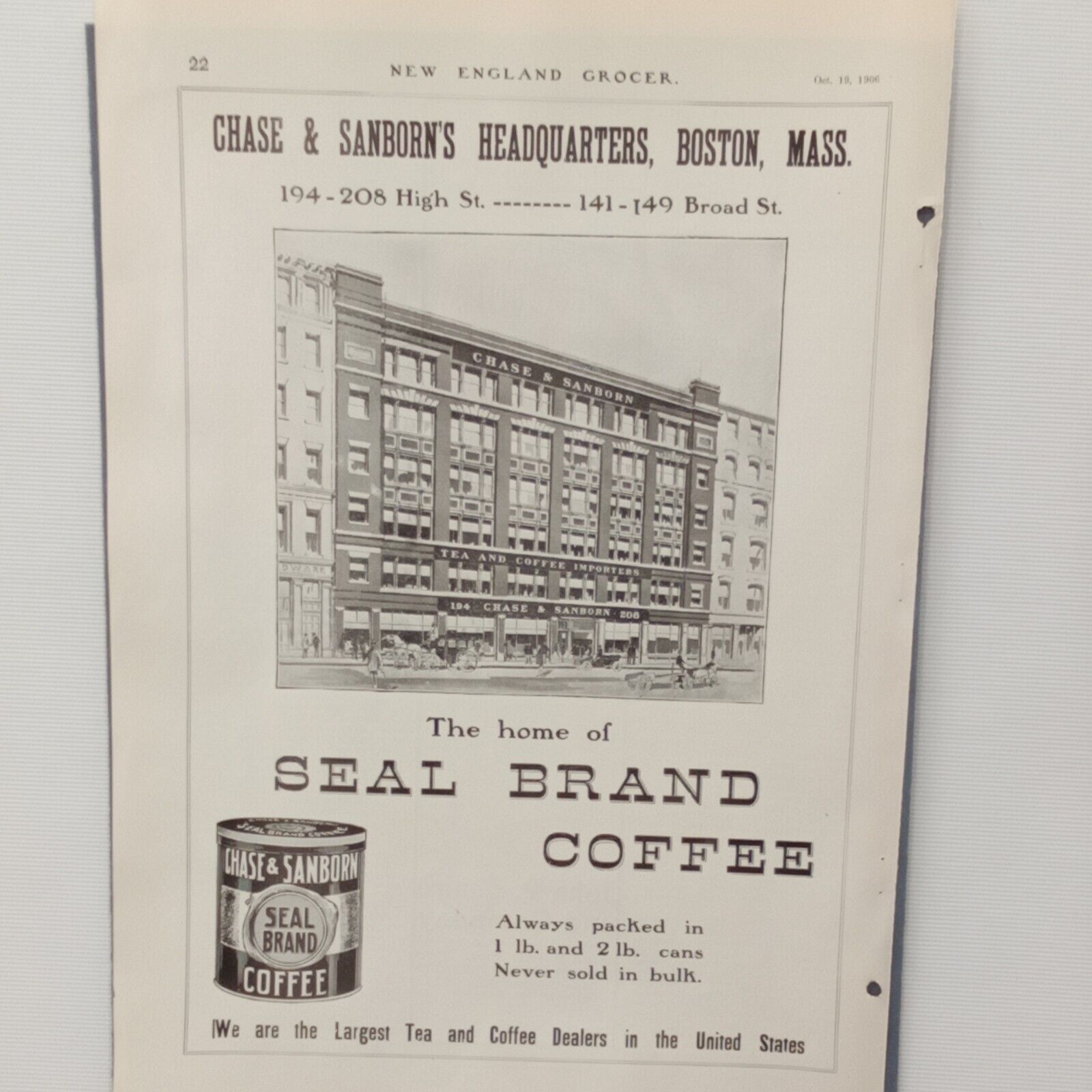 Chase & Sanborn Coffee  1906 Print Ad Headquarters Building Boston Sealed Brand