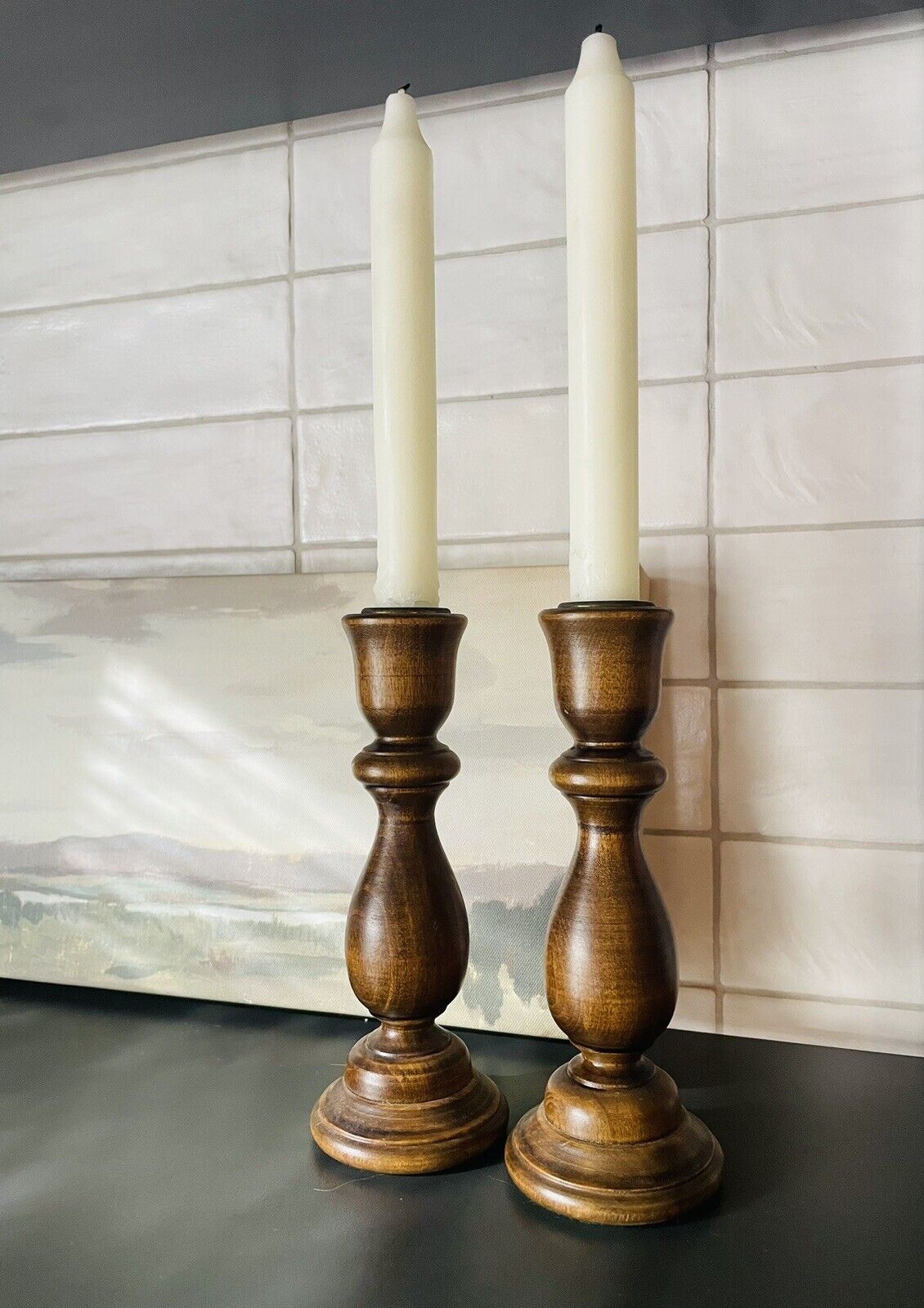 Vintage Mid-Century  Pair of Brown Turned Wood Candlestick Holders