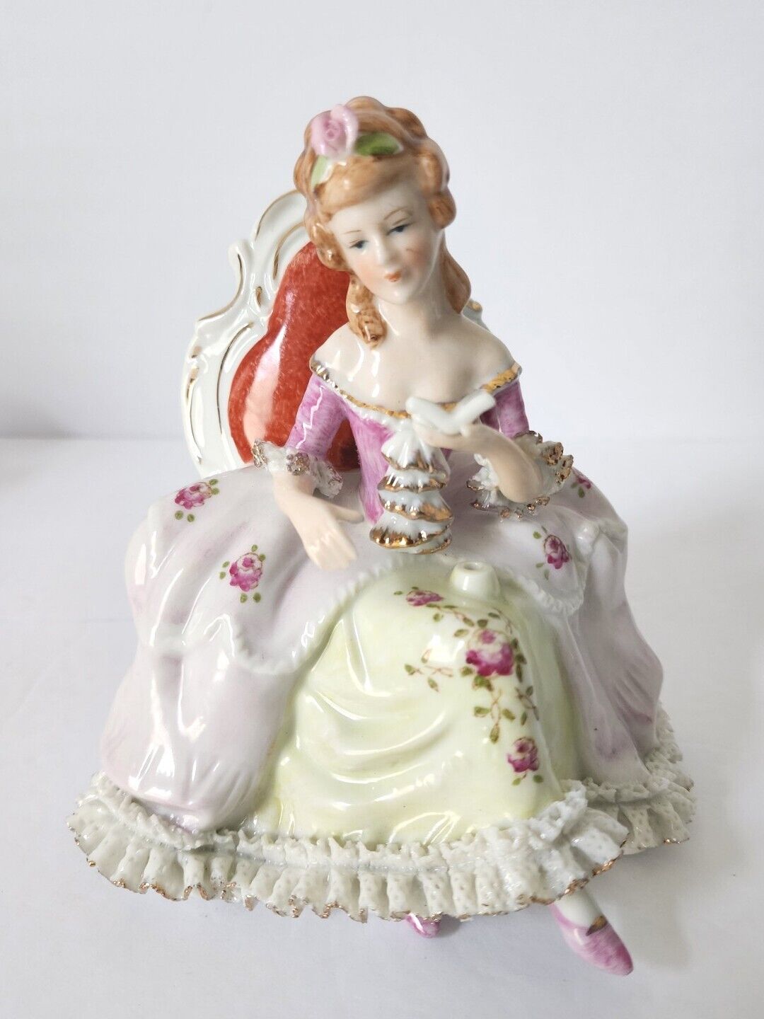 VTG KPM Porcelain Sitting Victorian Lady Figurine Reading a Book Floral & Lace