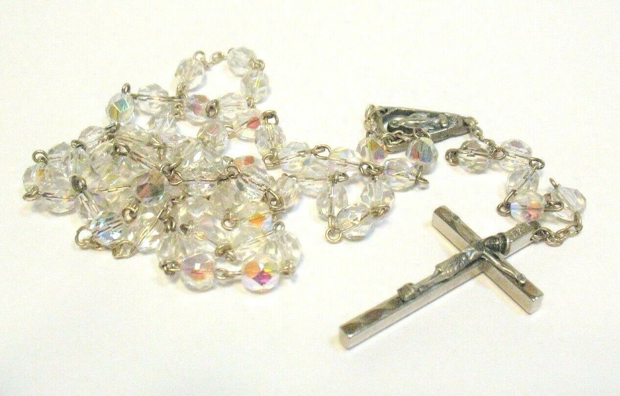 SILVER CRYSTAL BEAD ROSARY ITALY #1 VINTAGE