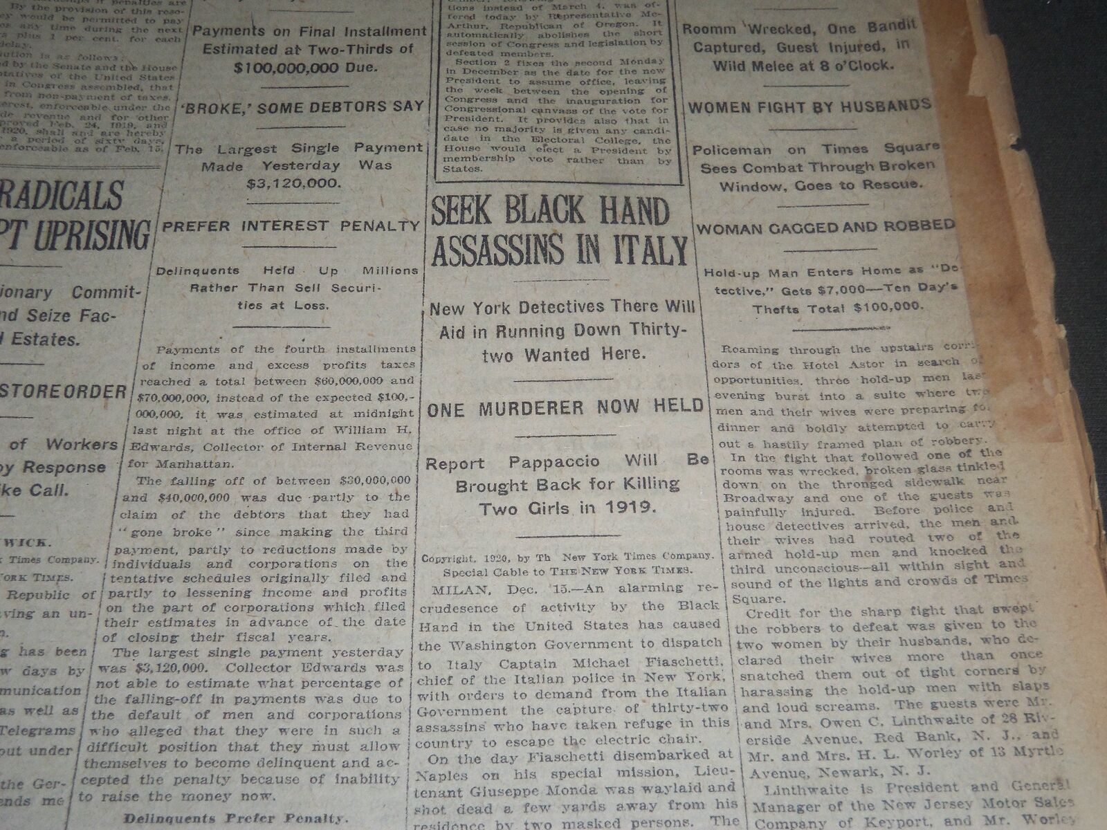 1920 DECEMBER 16 NEW YORK TIMES - SEEK BLACK HAND ASSASSINS IN ITALY - NT 6727