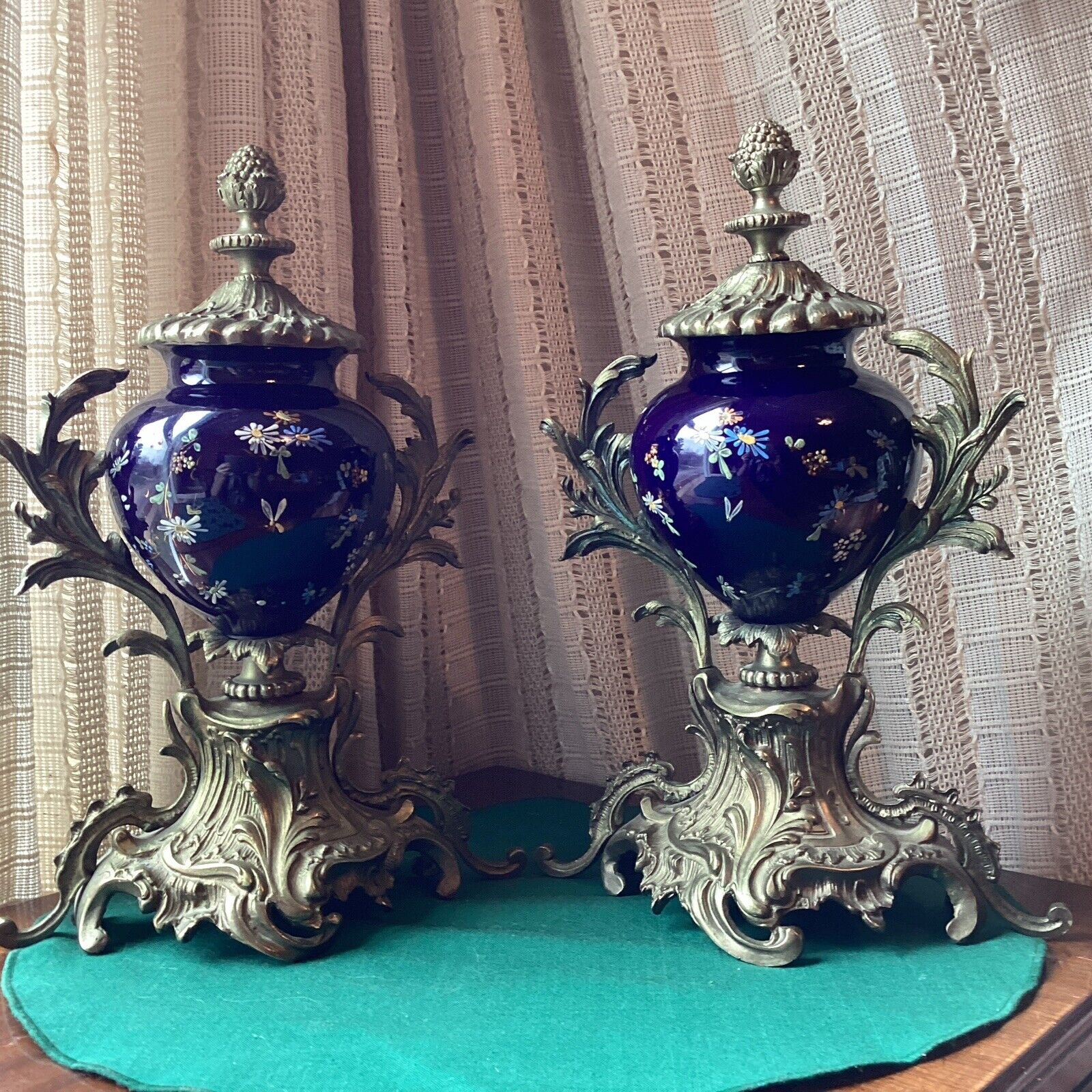 2 Beautiful Bronze/Brass Porcelain Glass Decorative Mantle Pieces Urn/Lamp ?