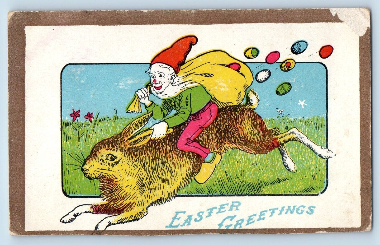 Easter Postcard Greetings Elf Gnome Riding Big Rabbit With Eggs c1910's Antique
