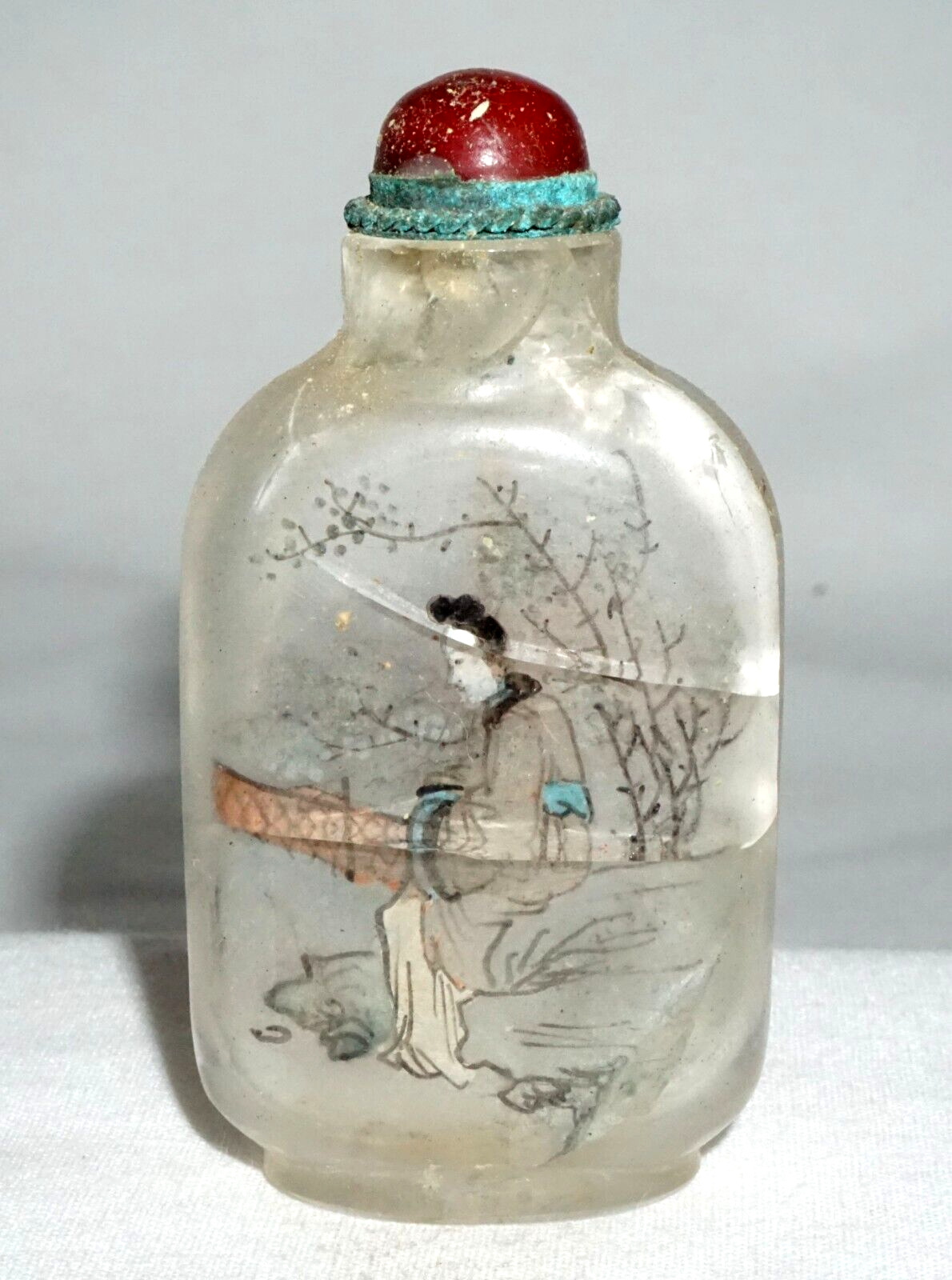 Vtg Chinese Reverse Painted Glass Snuff Bottle Seated Figure in Landscape (LLA)