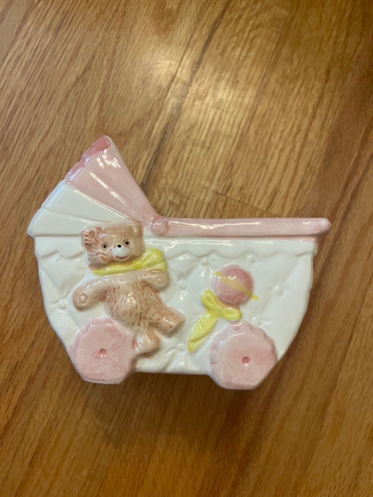 vintage baby girl ceramic carriage planter pink and white 