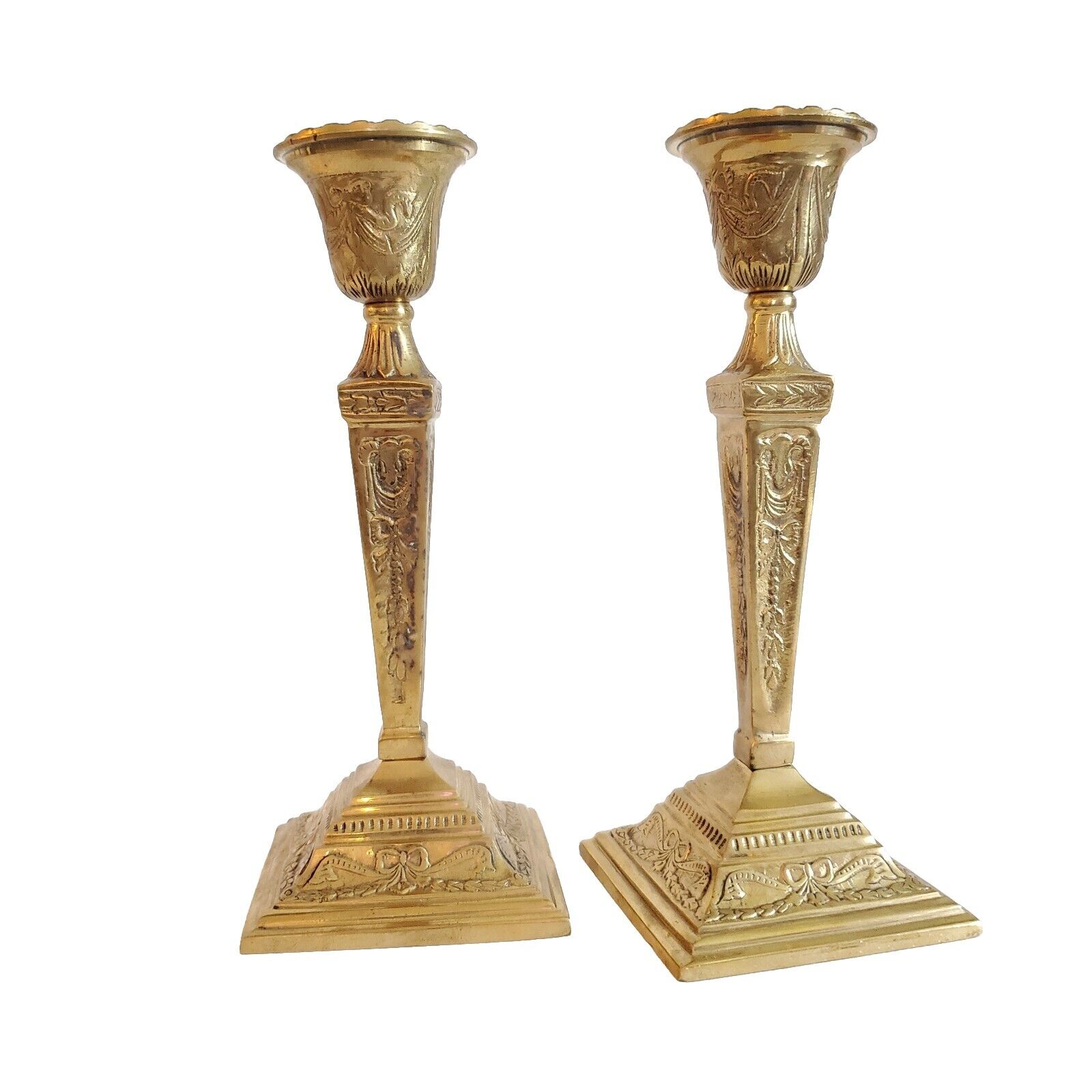 GORGEOUS PAIR OF HEAVY BRASS CANDLE HOLDER ORNATE EMBELLISHED VICTORIAN DESIGN 