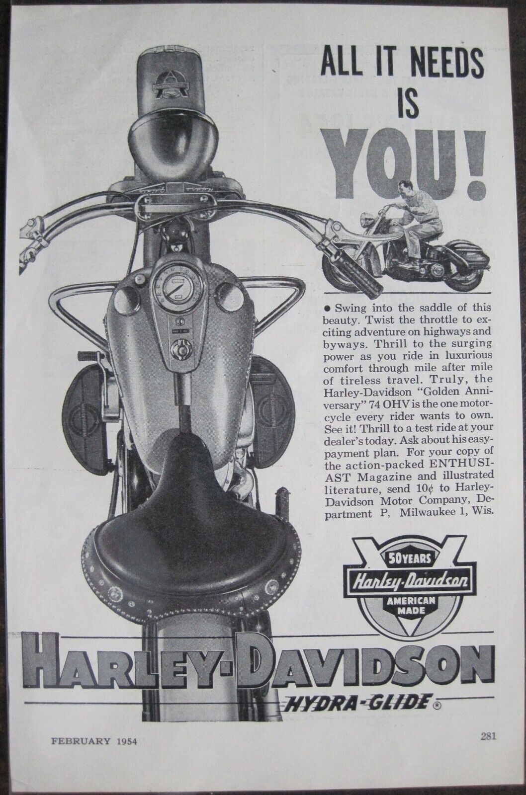 1954 Harley Davidson Hydra-Glide  Print AD