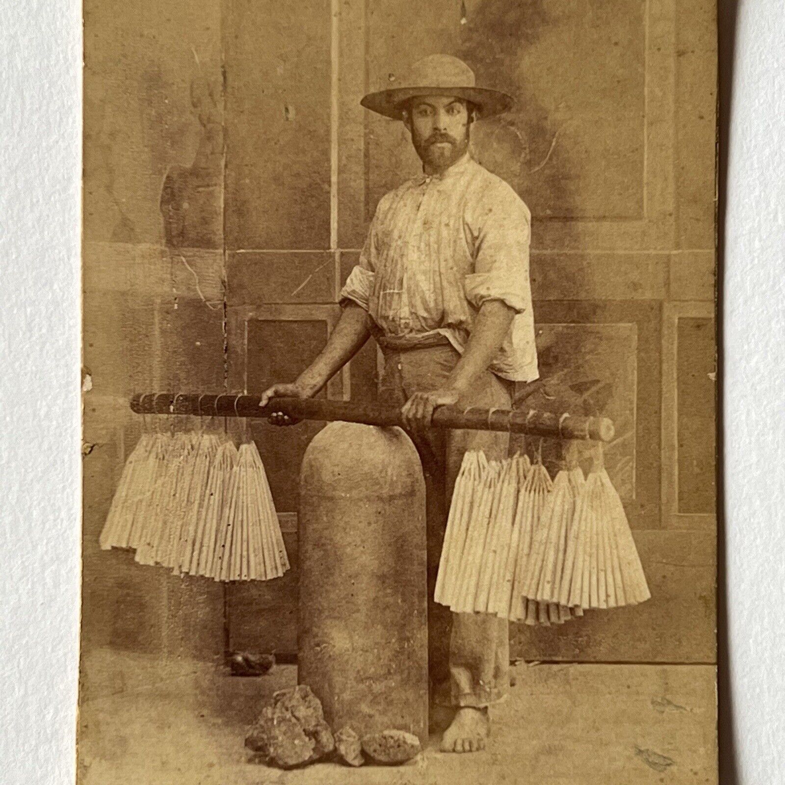Antique CDV Photograph Handsome Man Candle Maker Occupational Barefoot Beard Hat