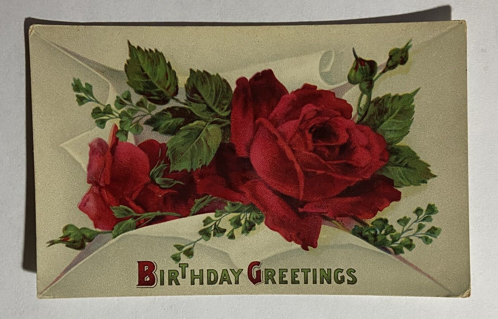 Vintage Antique Happy Birthday Postcard Greeting Card Red Roses Flowers Bouquet