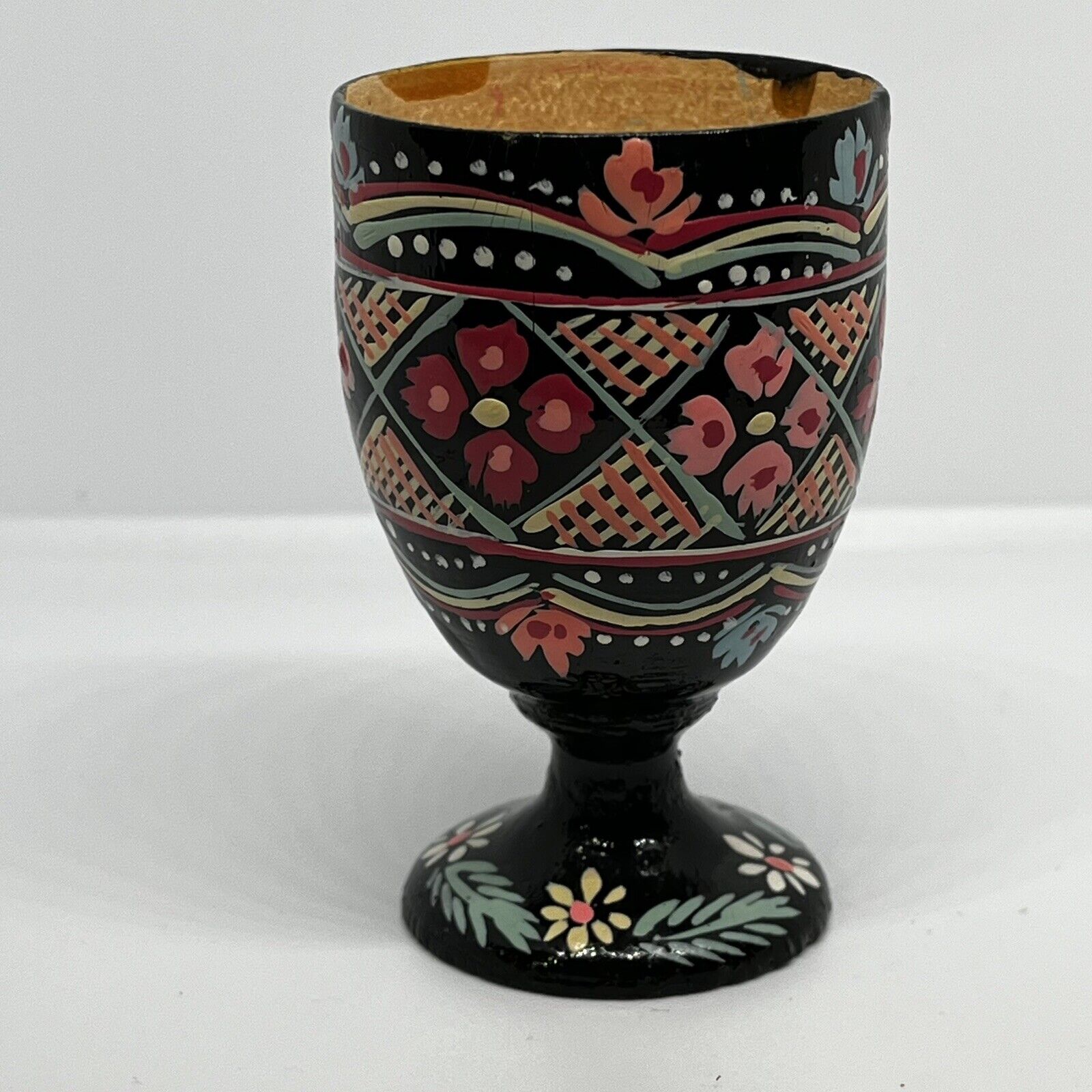 Vtg Russian Folk Art Wooden Egg Cup Hand Painted From USSR Days Multicolored