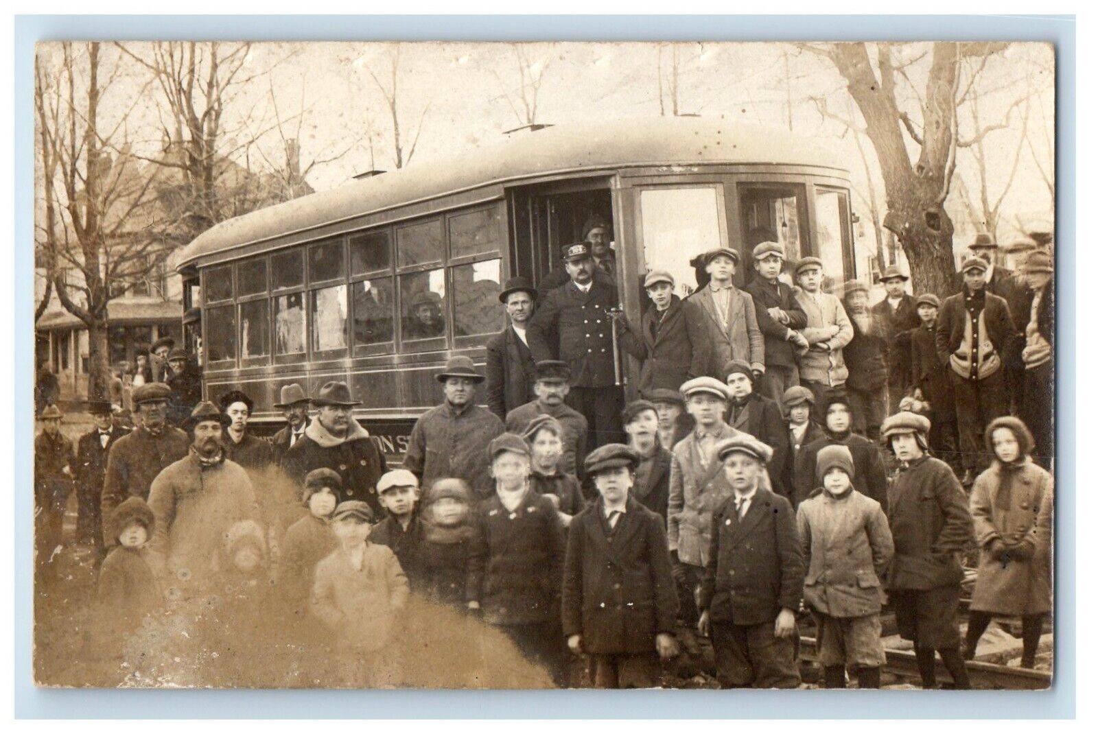 c1910\'s Trolley Operator Children Crowd Boys Girls RPPC Unposted Photo Postcard