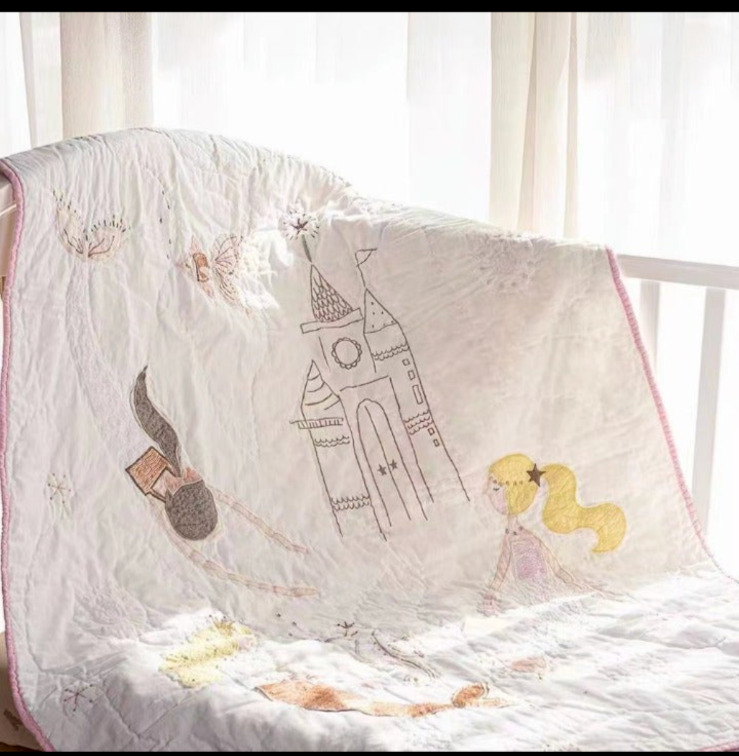 Handmade Mermaid Castle Embroidered Hand Stitch Baby/Toddler Cotton Crib Quilt