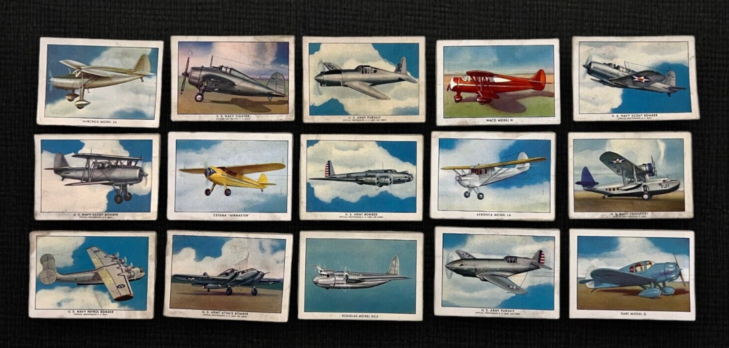 Lot of 15 Vintage 1940 WINGS CIGARETTES Airplane Tobacco Cards (First Series)