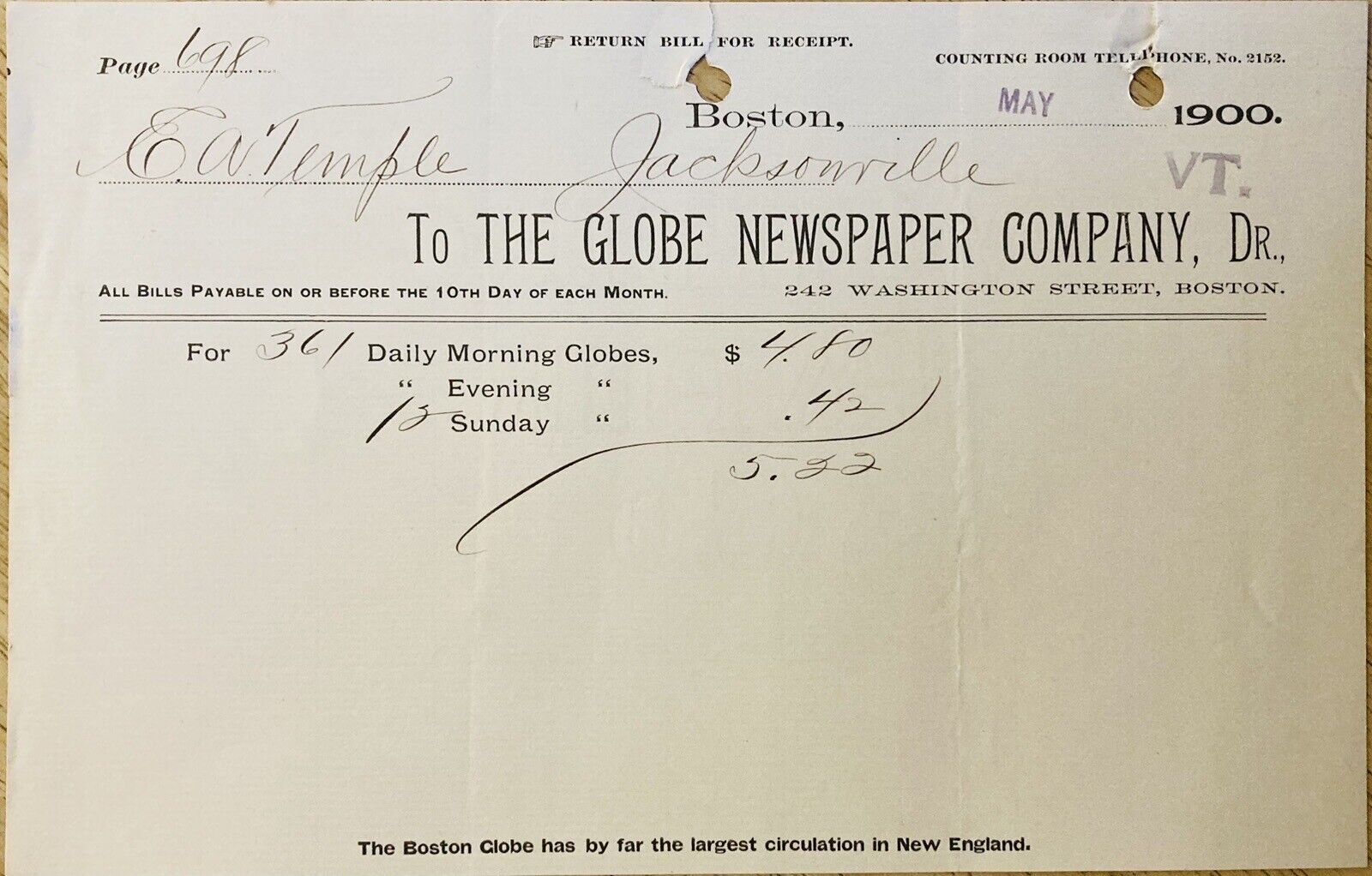 1900 BILLHEAD~THE GLOBE NEWSPAPER CO. WASHINGTON ST. BOSTON. DELIVERY BILL COST~