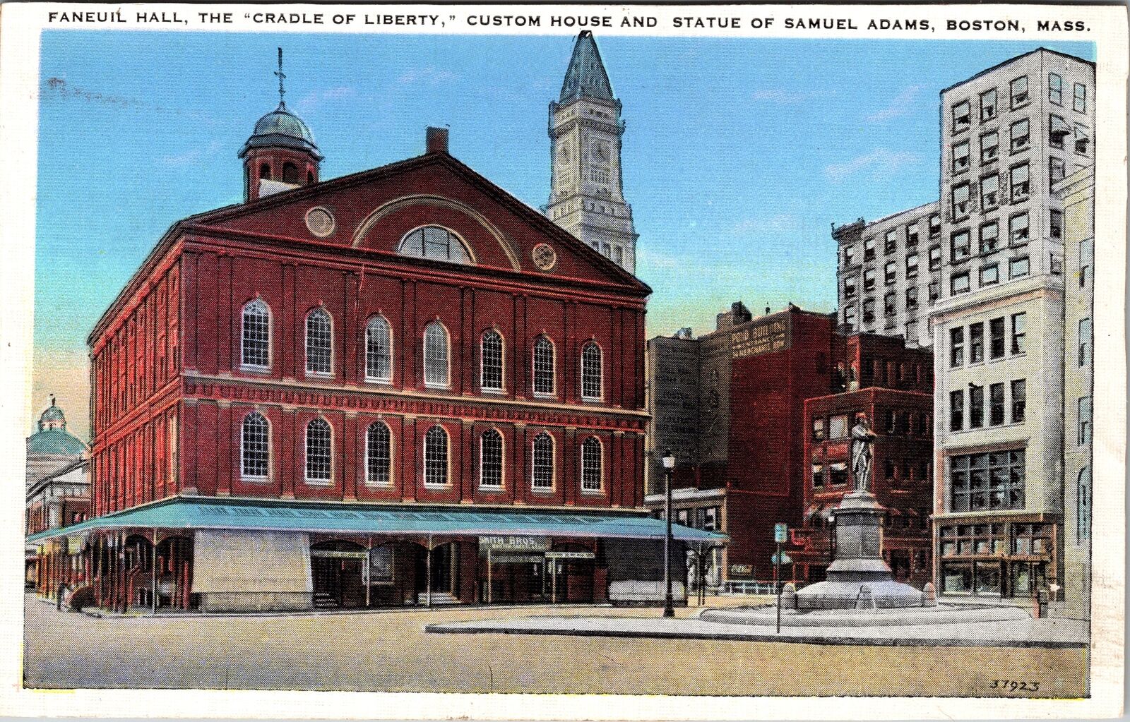 Boston MA-Massachusetts, Faneuil Hall Custom House, Adams Statue Linen Postcard