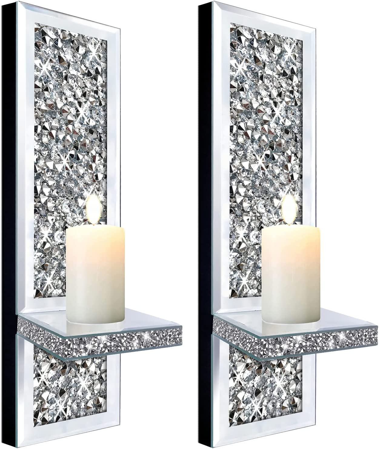 Set of 2 Crystal Crush Diamond Candle Sconces, Gorgeous Silver Mirrored Wall Sco