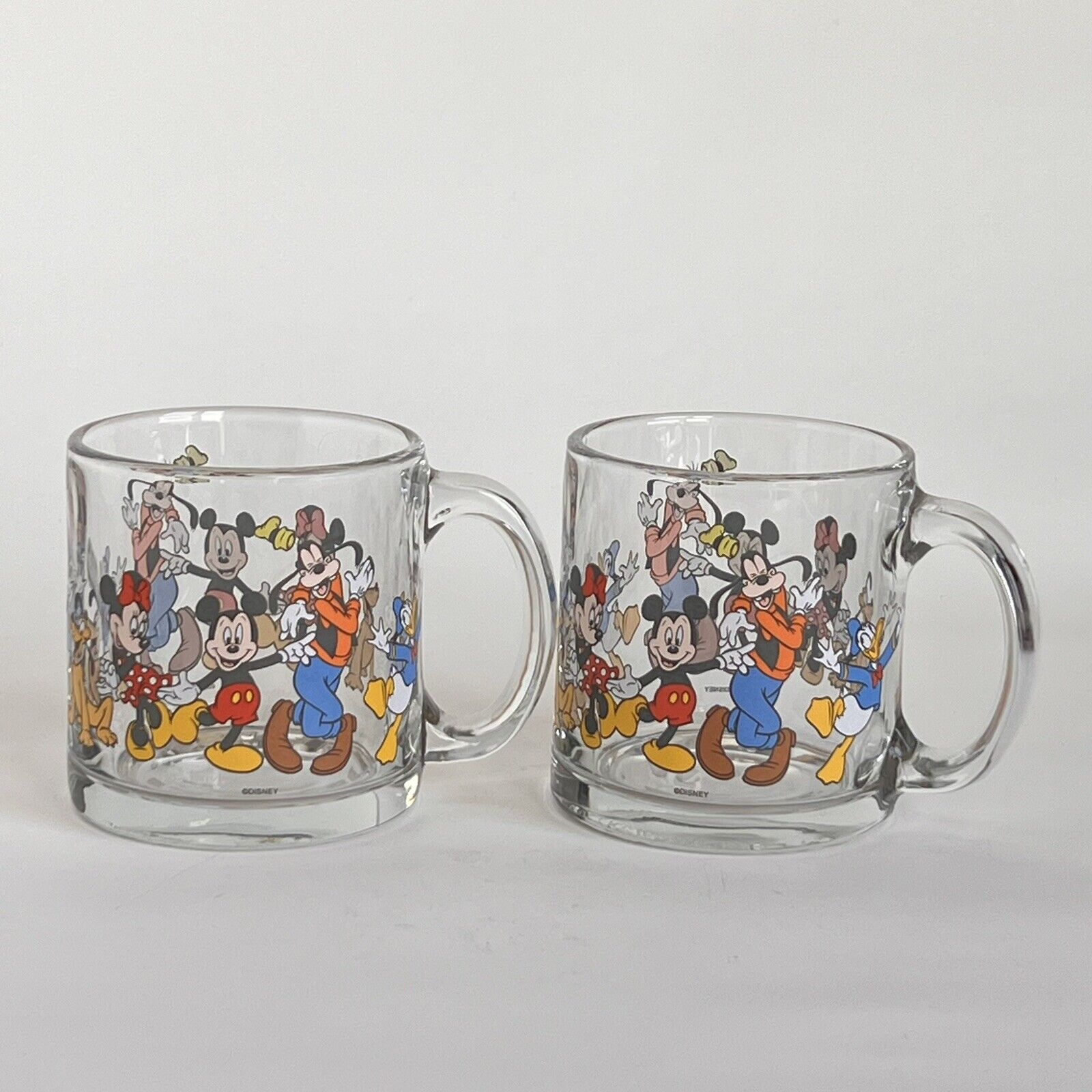 Disney Mickey Minnie Mouse Goofy Glass Coffee Mugs Made In USA SET OF 2 Vintage