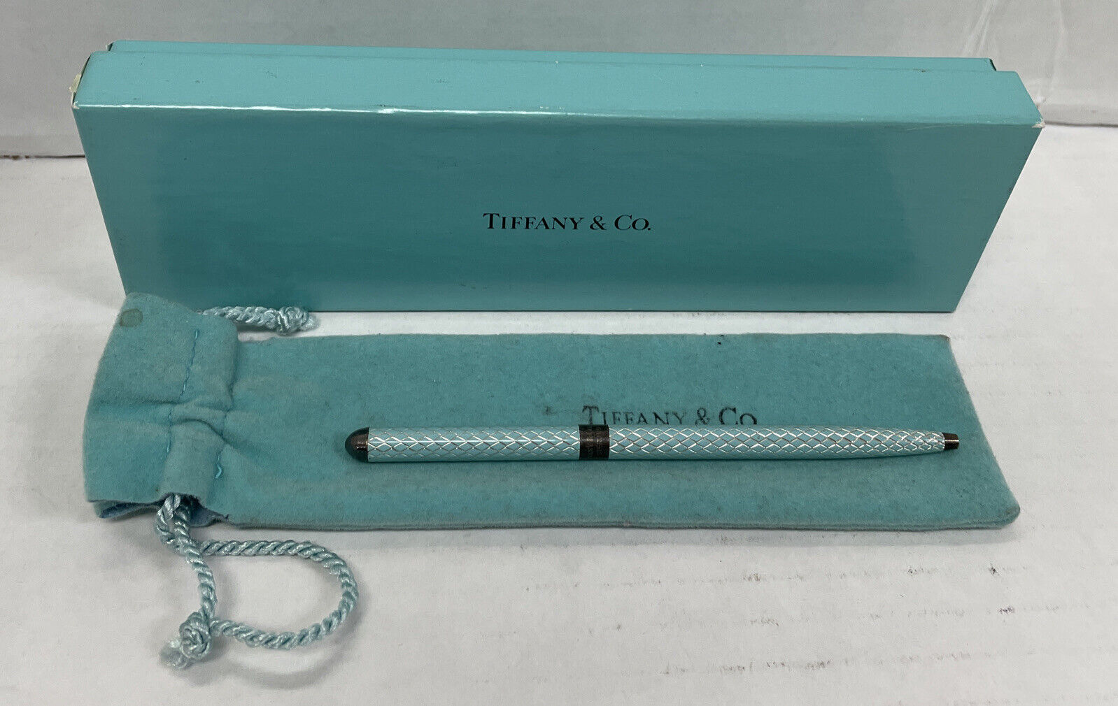 TIFFANY & CO. Blue Diamond Pattern Enamel Sterling Silver 925 Ballpoint Pen