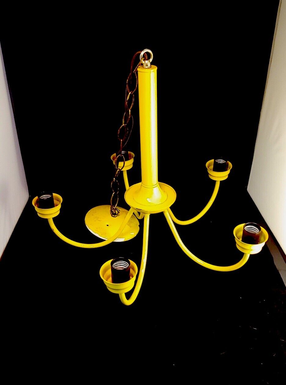 Vintage Metal Chandelier - 5 Arm Yellow MCM 18” French Bohemian Lamp Light