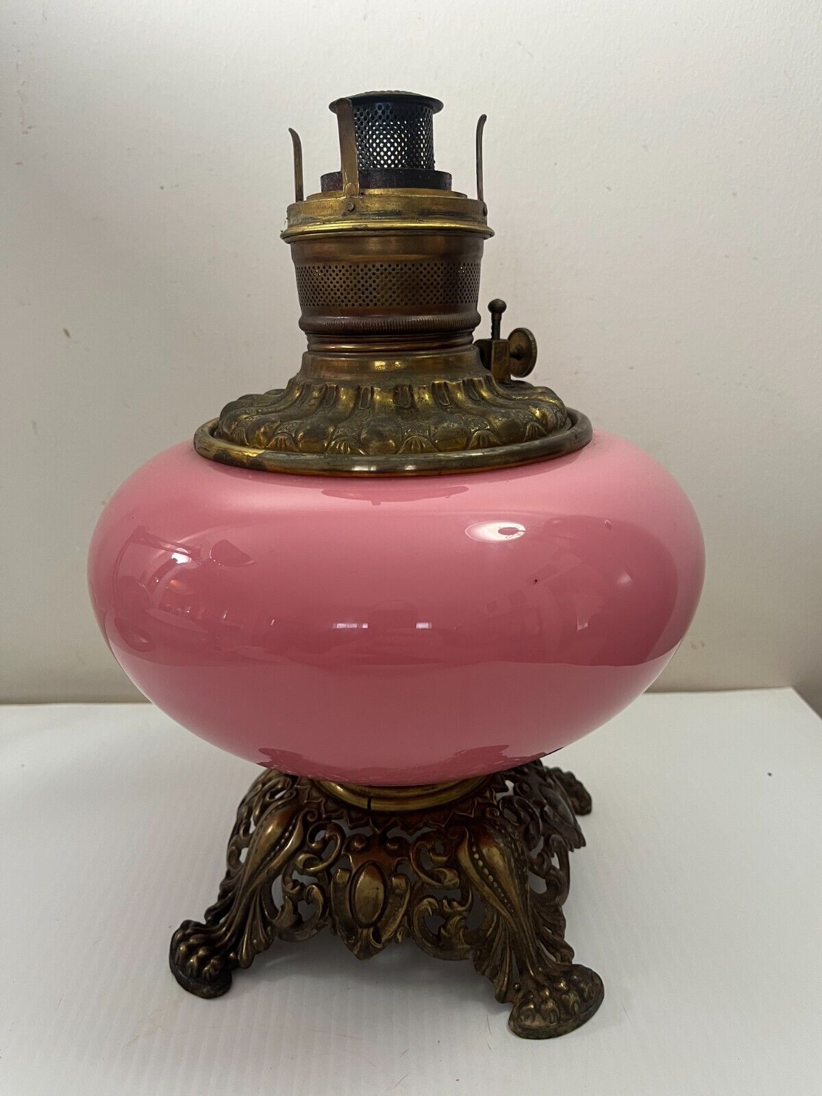 Antique Consolidated Glass Co Opaque Pink Oil Lamp Metal Base Lg 13\
