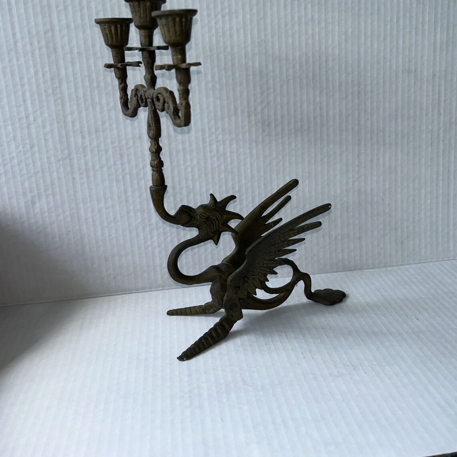 Antique Vtg Brass Griffin Gryphon Dragon 3 Candlestick Candle Holder