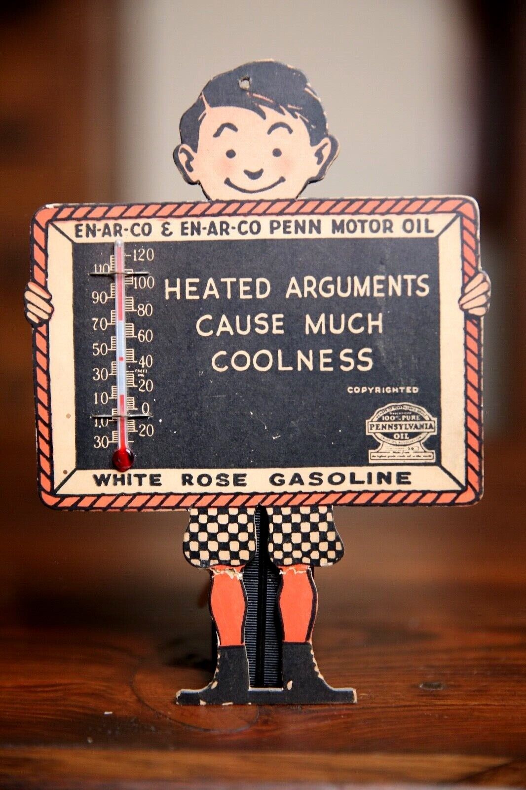 Vintage Enarco Motor Oil Thermometer white Rose gasoline advertising sign old