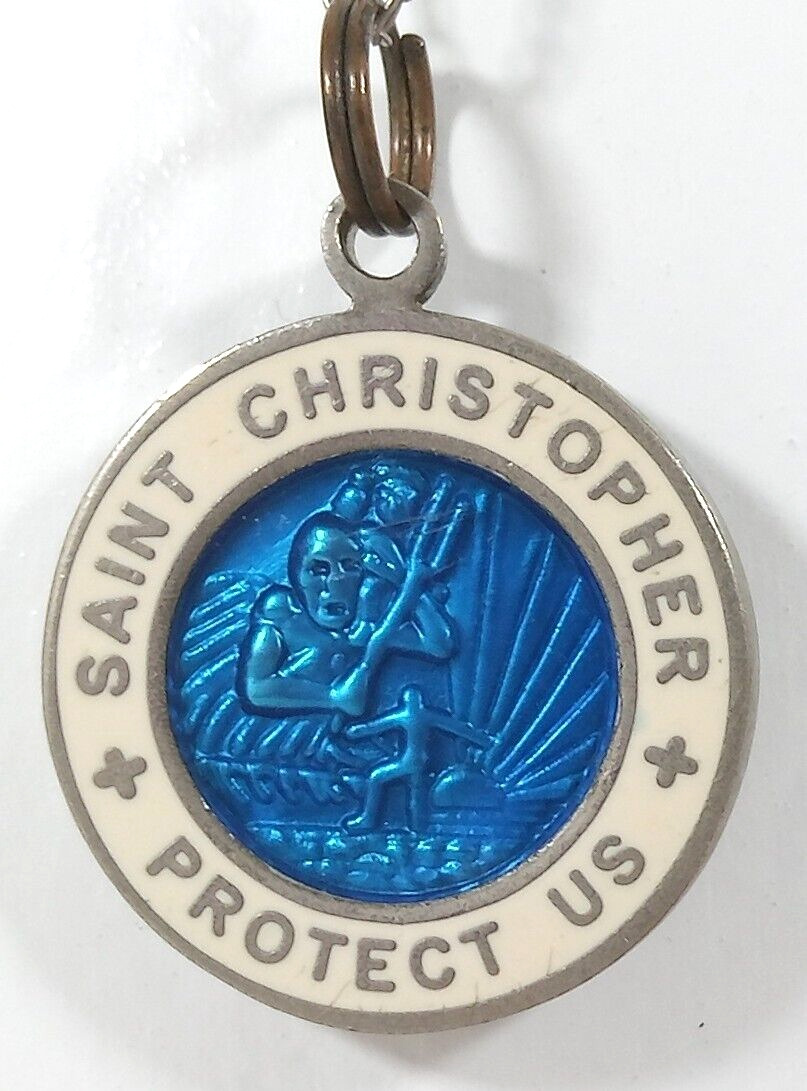 Vintage White Enamel Blue St Christopher Surfer Medal Pendant