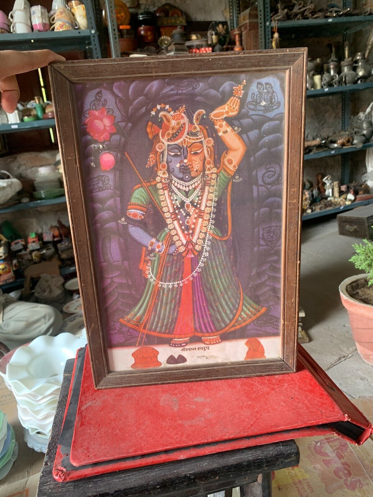 1900\'s Old Rare Vintage Shri Swapna Swaroop Hindu God Lithograph Print Framed