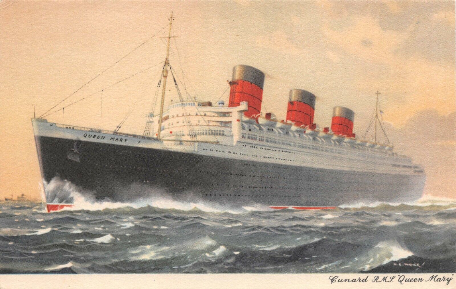 Vtg. 1940\'s Cunard R.M.S. Queen Mary Steamship Postcard p1044