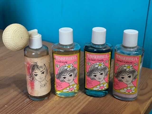 VTG TINKERBELL BY TOM FIELDS 4-PC SET ATOMIZER, COLOGNE, BUBBLE BATH, LOTION
