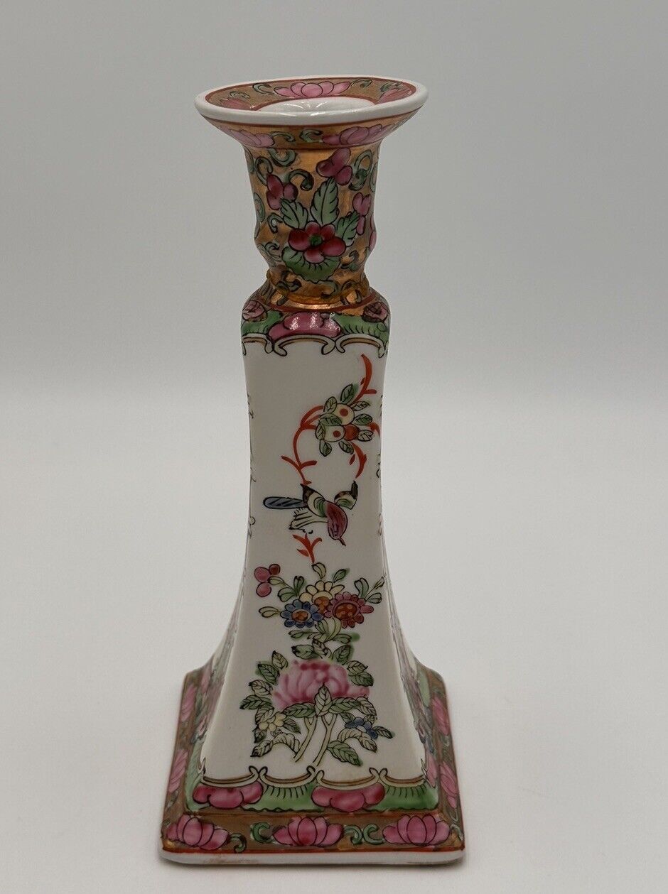 Rose Medallion Vintage Candlestick Chinese Pink Gold Pottery Candle Holder Art