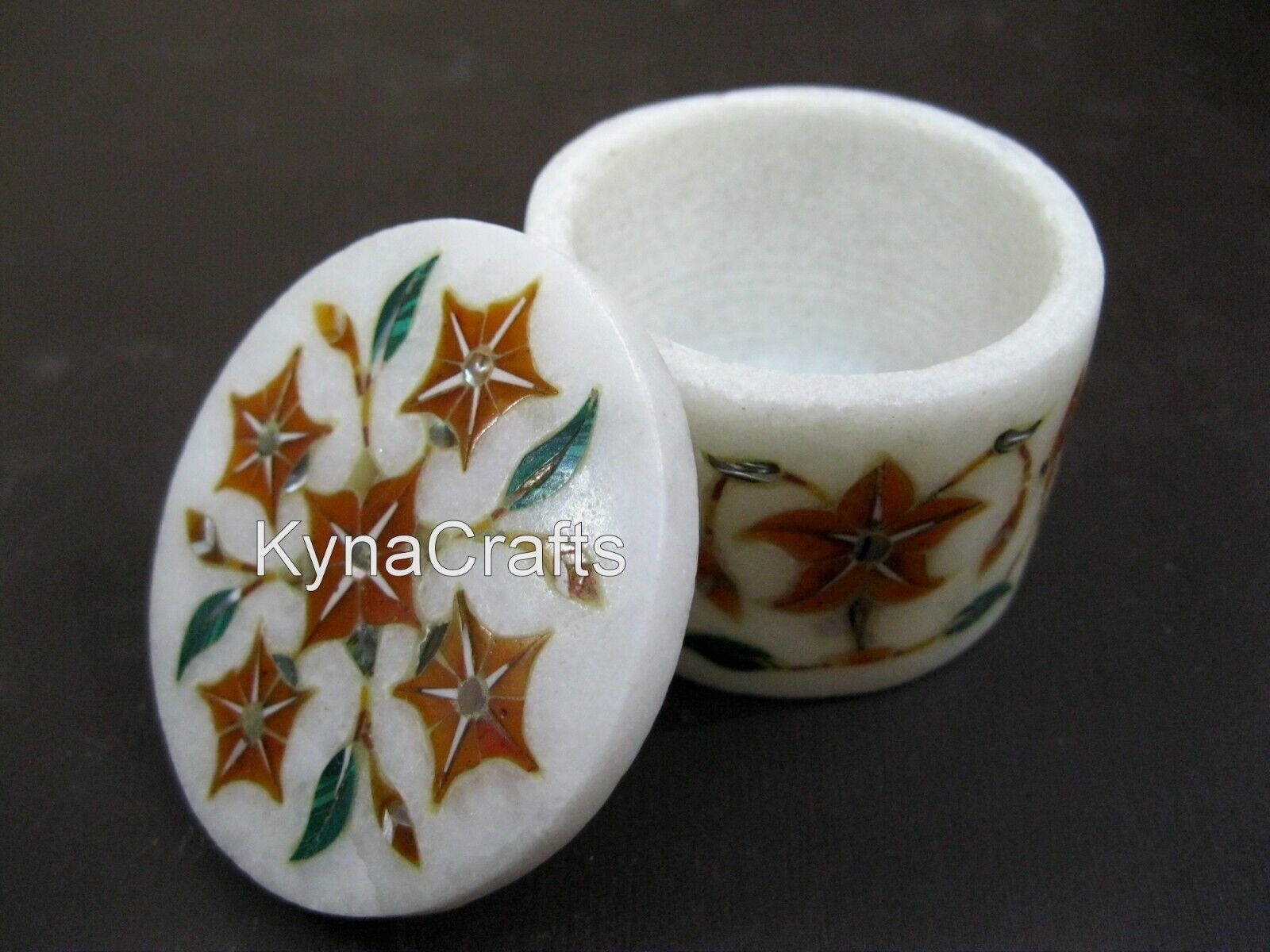 2.5 Inches Round Marble Paper Pin Box Floral Design Inlay Work Jewelry Box
