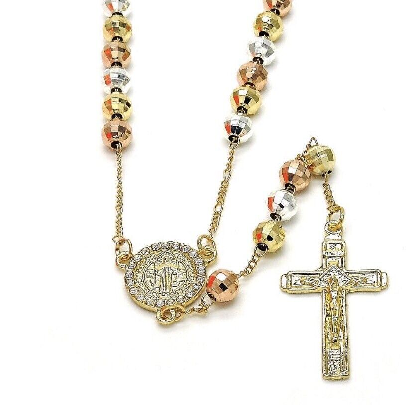 BEAUTIFUL TRICOLOR LARGE 18K GOLD OVER SILVER  ROSARY NECKLACE SAINT BENEDICT