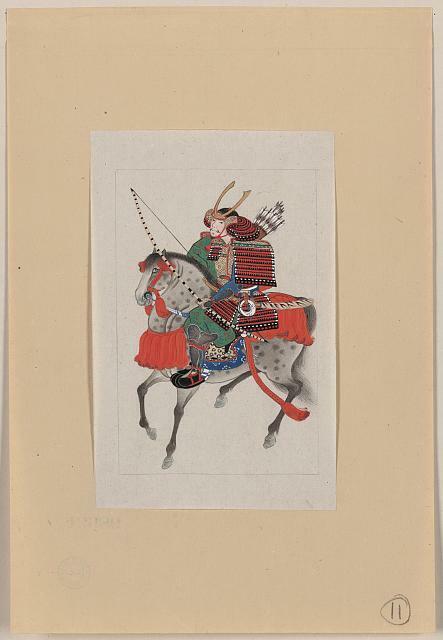 Samurai on horseback,wearing armor,horned helmet,carrying bow,arrows,Japan,1878