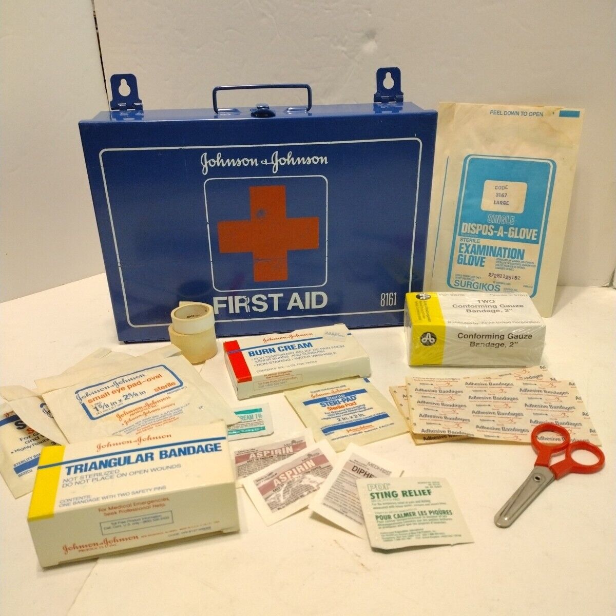 Vintage Johnson Johnson First Aid Kit #8161 Blue Metal Box Supplies 