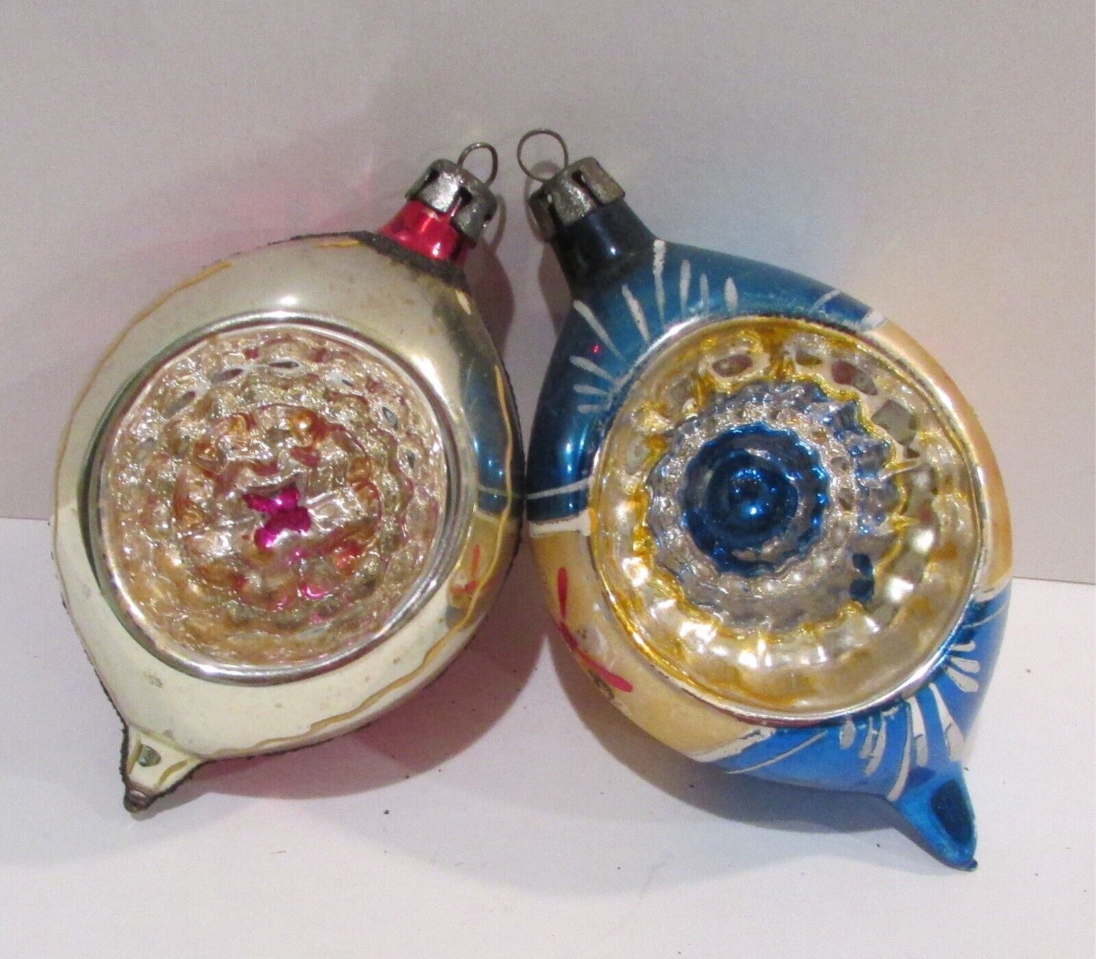 2 Vintage Blown Glass Christmas Ornament Teardrop indent Blue Pink Silver Poland