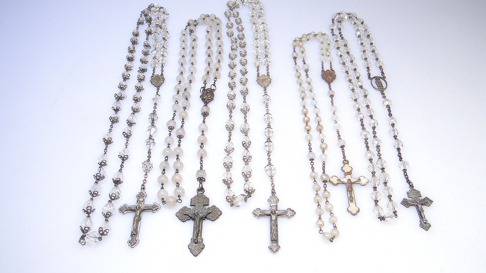 5 Antique Vintage Rosaries Clear Opaque Faceted Crystal Rosary Lot #2
