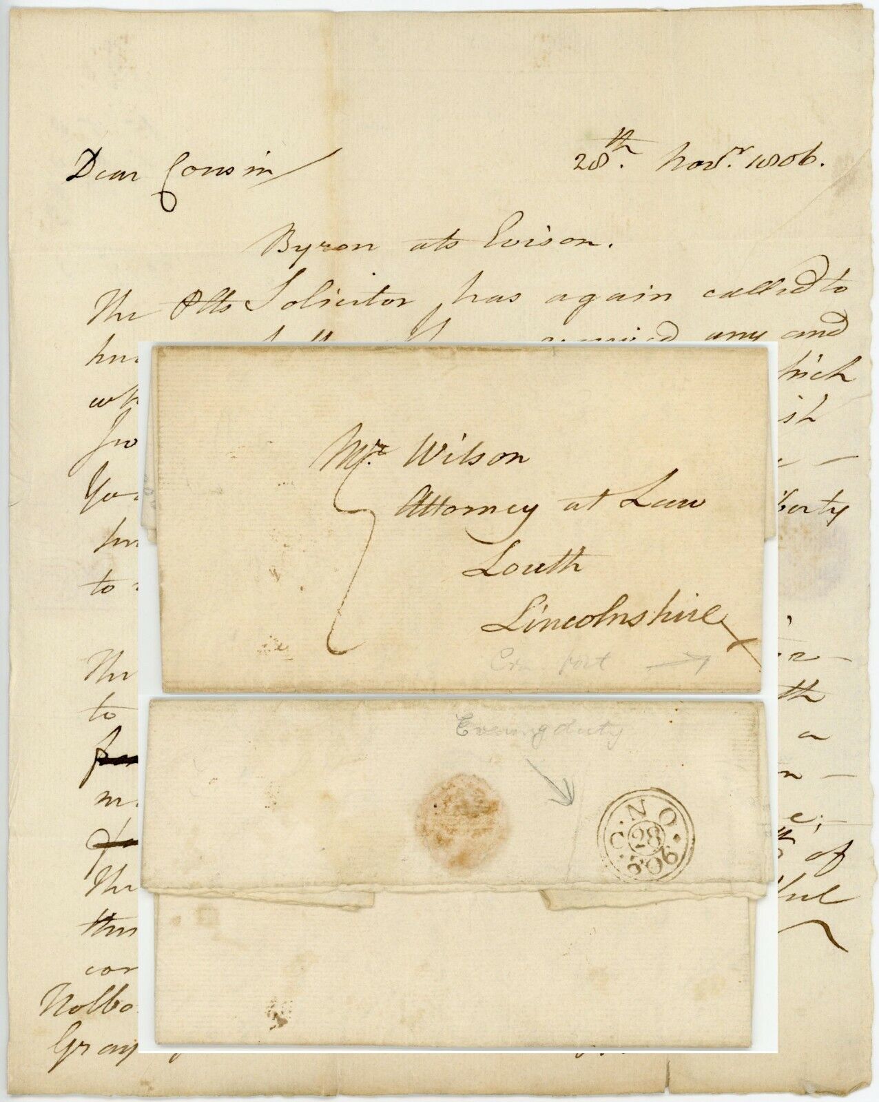 1806 LETTER J.PEARSON to COUSIN WILSON LOUTH re BYRON EVISON LOUTH LINCOLNSHIRE