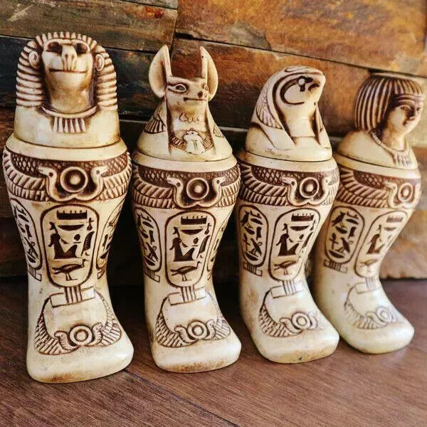 Antique Set of 4 Egyptian Ancient Canopic Jars Organs Funerary Statues...X-LARBC