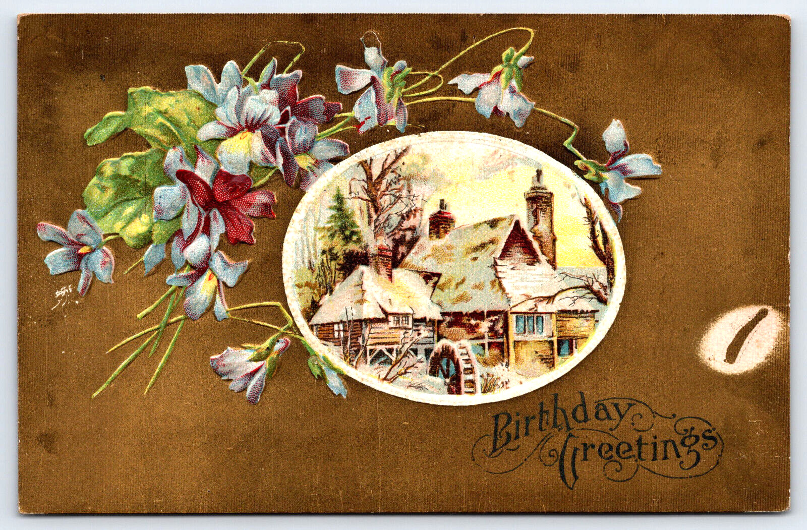 Original Vintage Antique Postcard Birthday Greetings Embossed Flowers Gold 1909