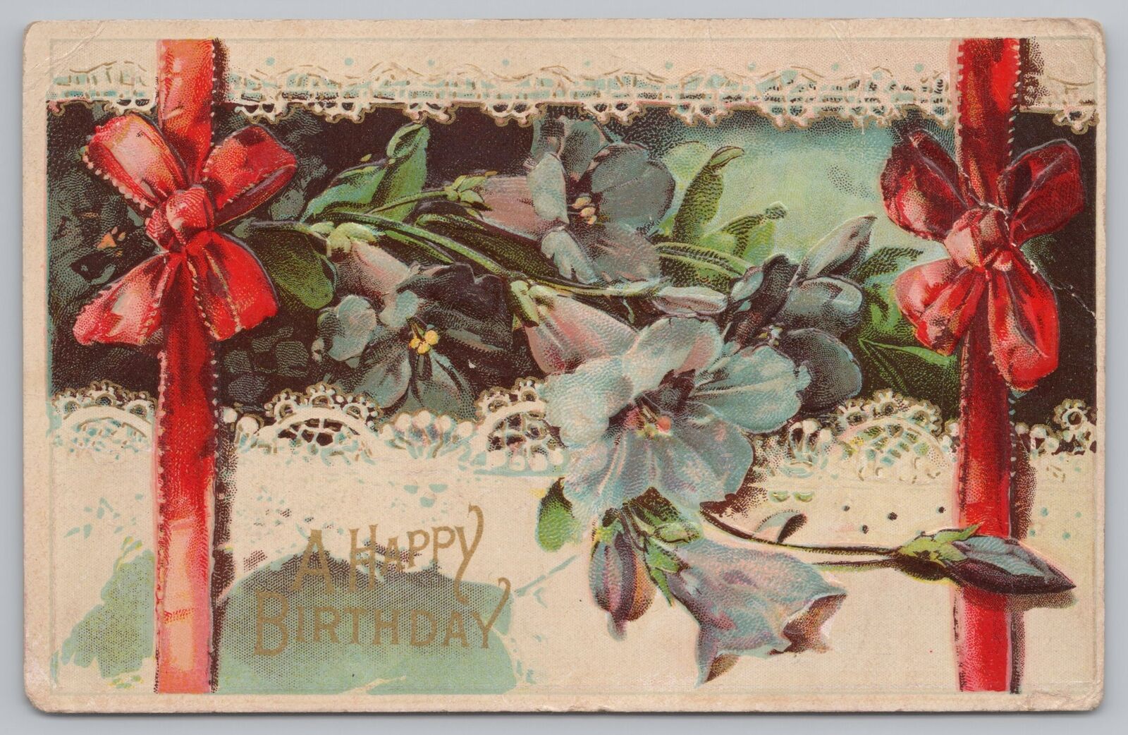 Greetings~Purple Lilies~Lacey Border~Red Bows~Vintage Postcard