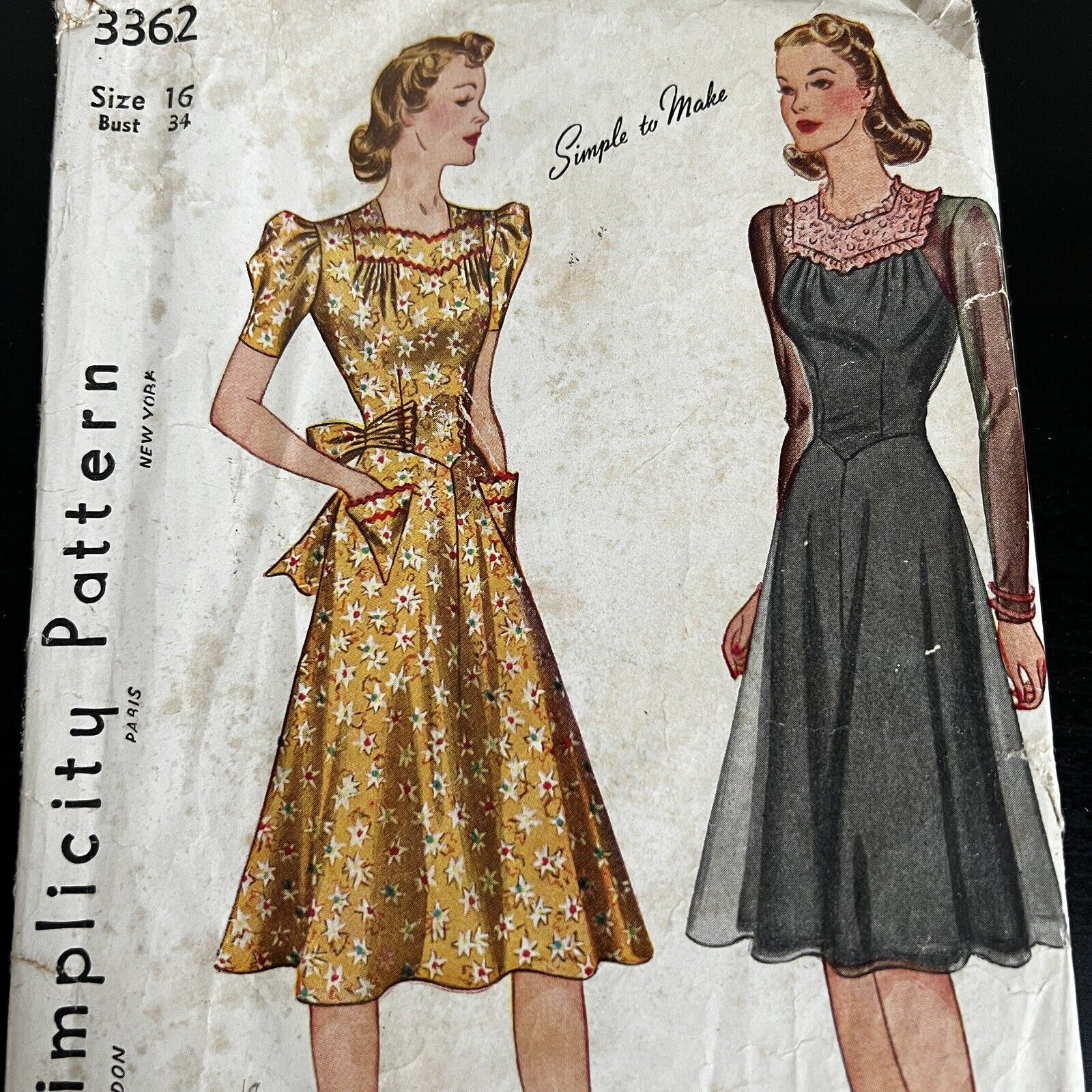 Vintage 1940s Simplicity 3362 Circular Skirt Daytime Dress Sewing Pattern 16 CUT