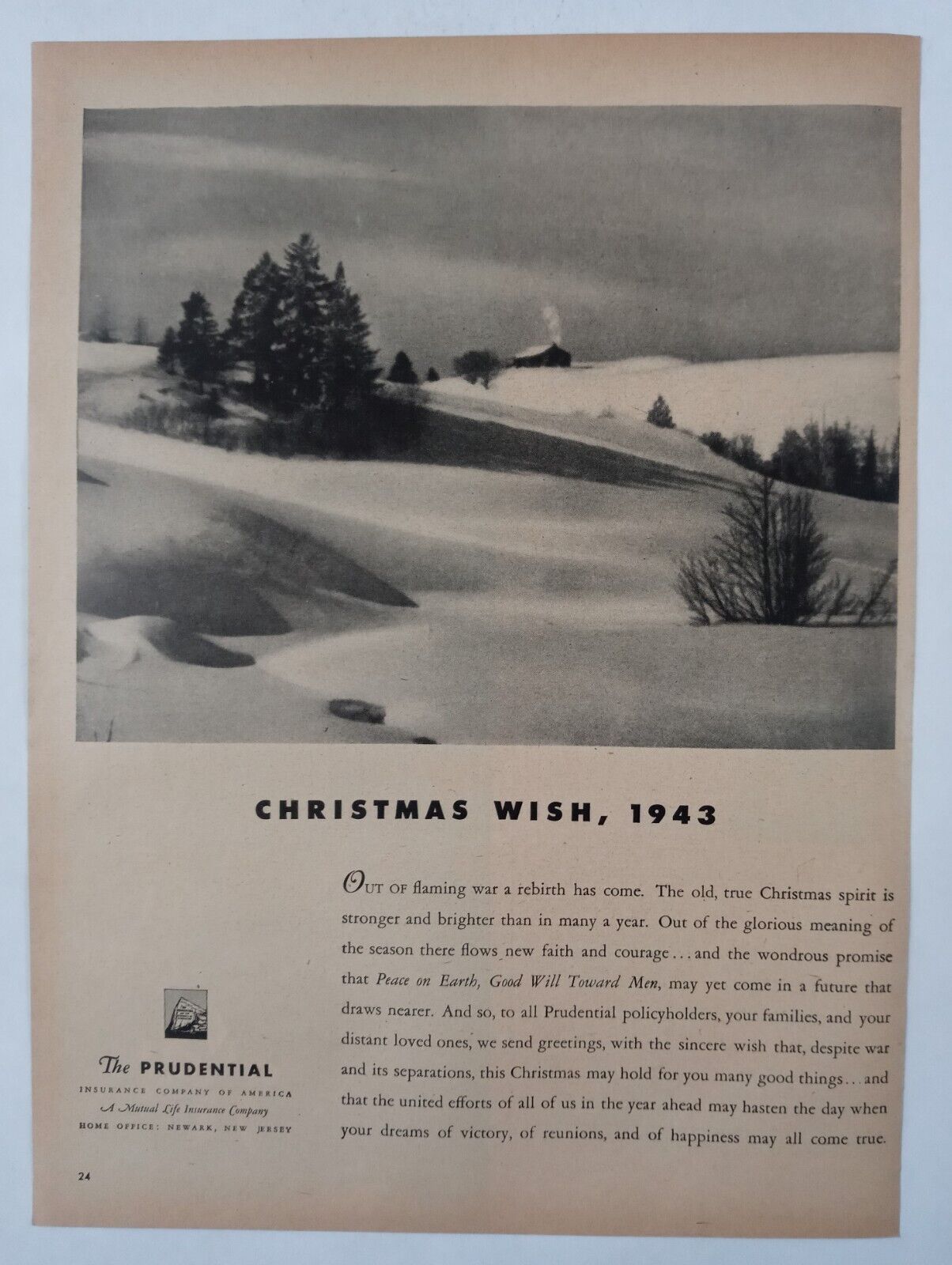 WWII Christmas Wish 1943 PRUDENTIAL Life Insurance Plain B&W Vtg Poster Print Ad