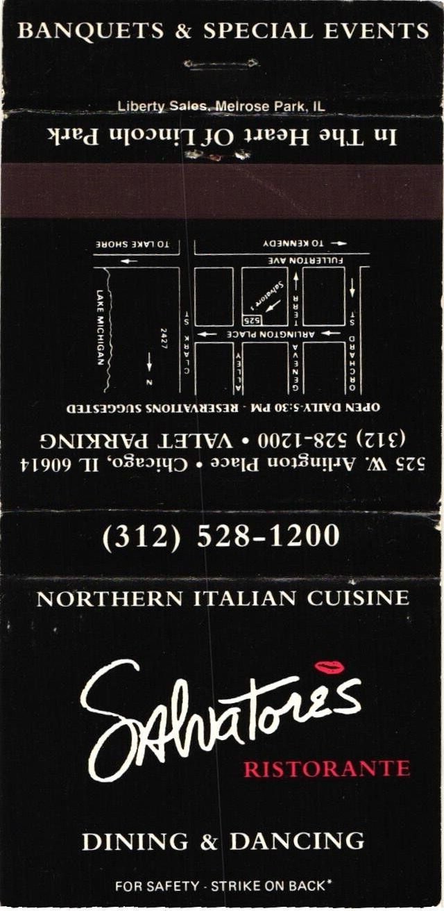 Salvatore\'s Restaurant Dining & Dancing Banquets Vintage Matchbook Cover