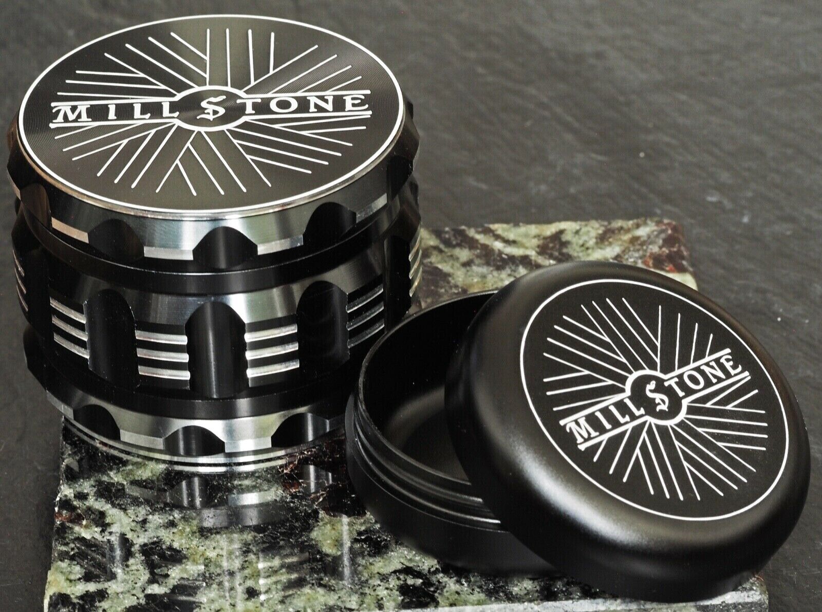 Millstone Tobacco Herb Grinder & Storage Tin Jar Metal 2.5 inch 4-Piece Black