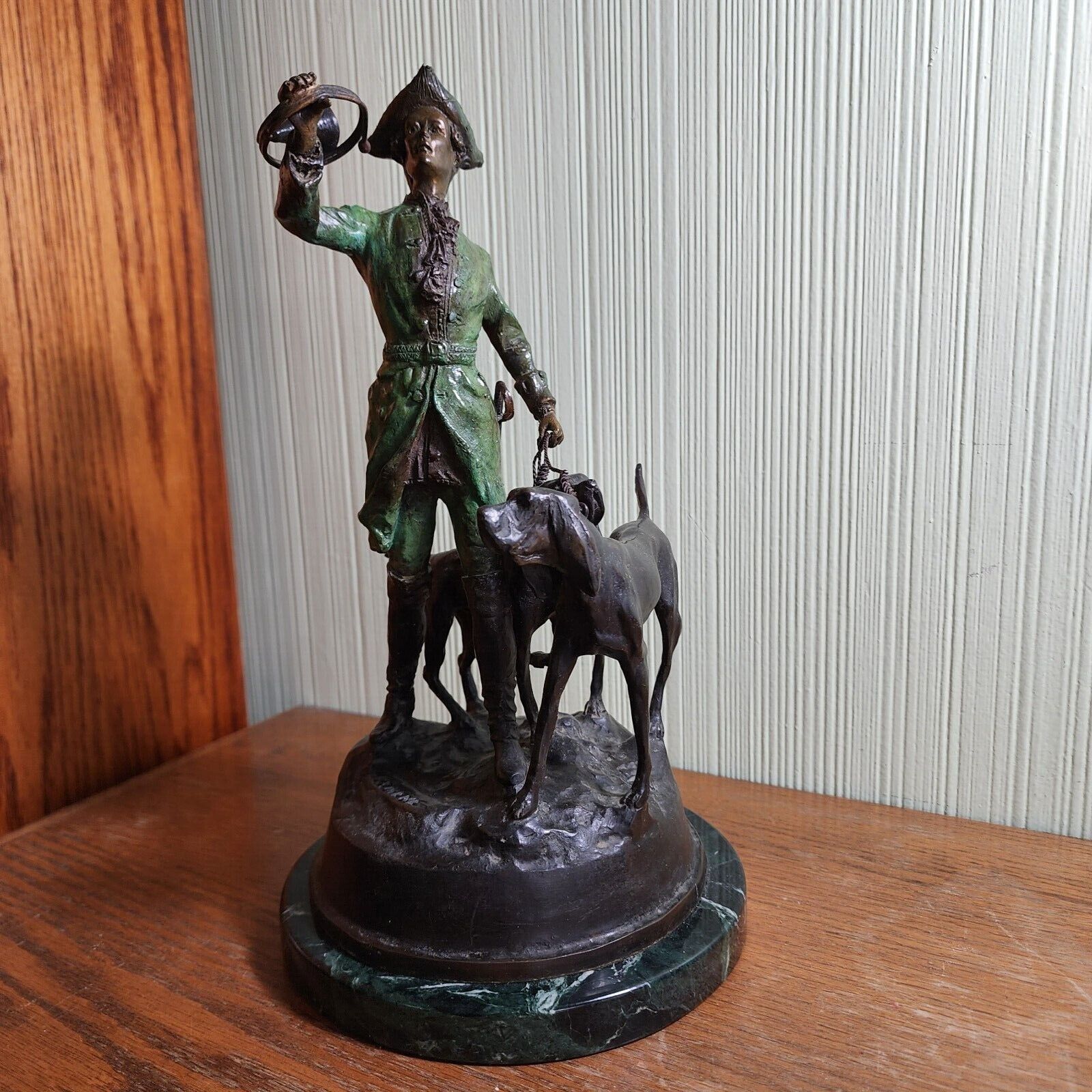 Bronze Hunter with Horn & Hounds French signed P.J. Mene (Pierre-Jules Mêne)